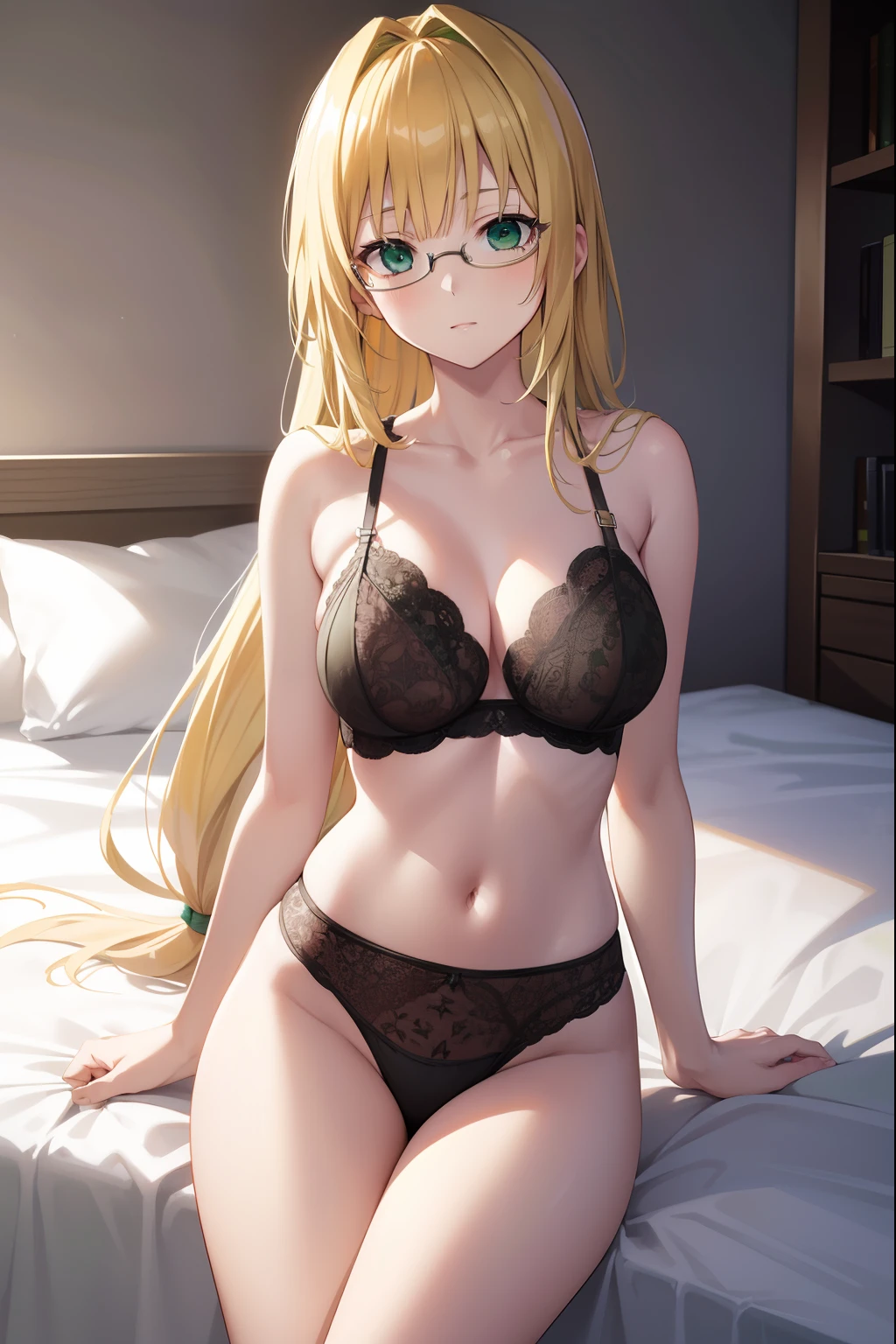 Lunatieque Tiage, Whimsical tears, Blonde hair, (Green eyes:1.5), Hair intake, Long hair, low-tied long hair, Glasses,
BREAK lingerie,
BREAK looking at viewer,
Break indoors, bed,
BREAK (masutepiece:1.2), Best Quality, High resolution, Unity 8k壁纸, (Illustration:0.8), (Beautiful detailed eyes:1.6), extra detailed face, Perfect Lighting, extremely details CG, (Perfect hands, Perfect Anatomy),