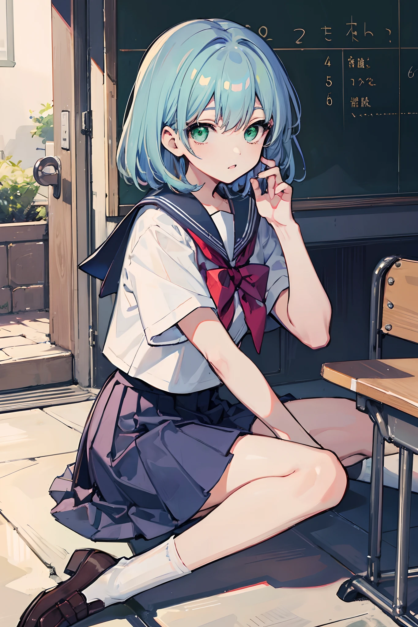 masterpiece, best quality, bishoujo, hair over shoulder, light blue hair, green eyes, school uniform, socks,