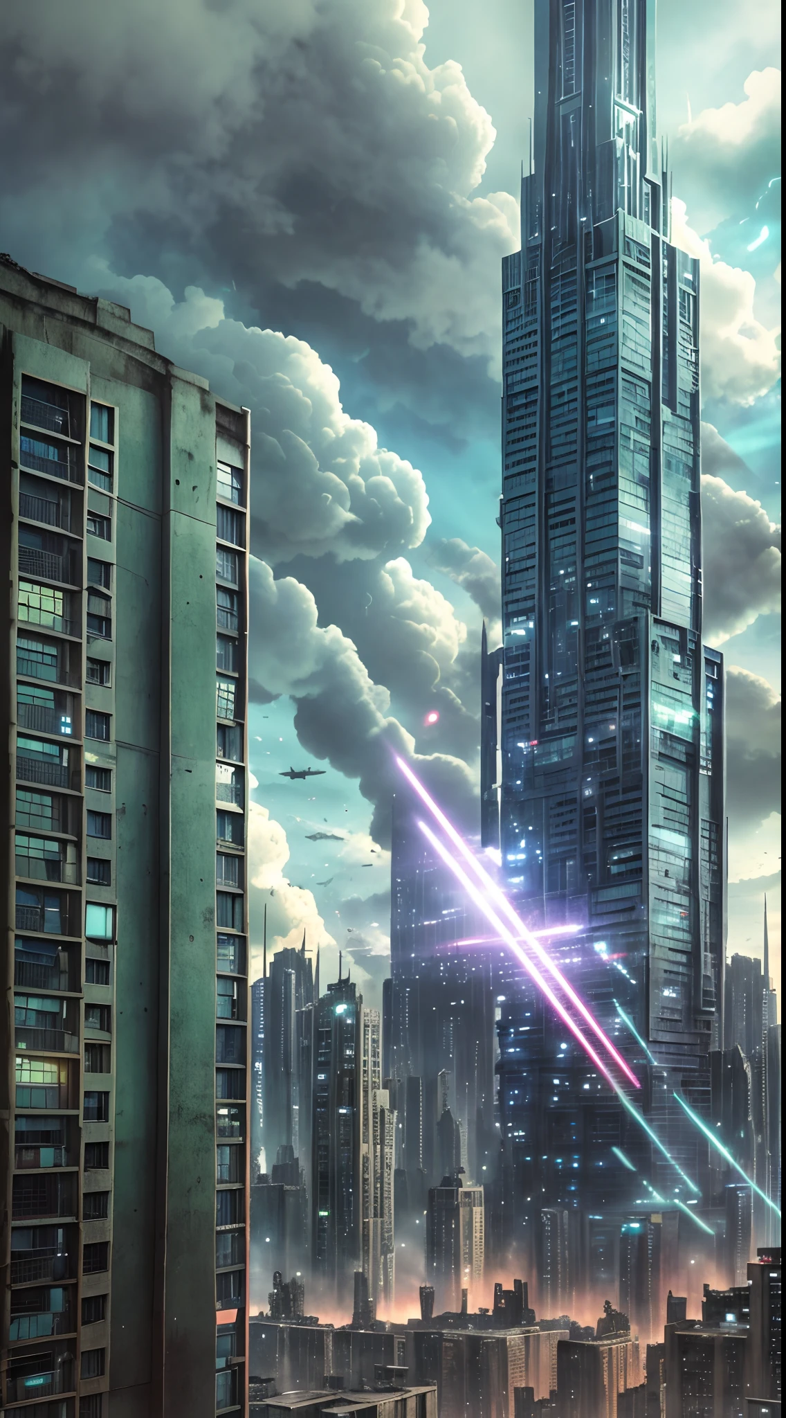 High quality movie, above the sky there is a very large alien monster with high detail and advanced technology in a post-apocalyptic cityscape, in the distance there are a few other alien monsters shooting each other with soldiers with laser guns, gloomy colors of the picture, ruined urban areas, ruined houses, 8K photo quality, intricate details, depth of field,
