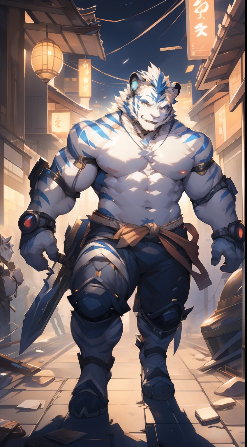 (by null-ghost, by thebigslick, By Darkgem, by Honovy), Kogenta (Onmyoji Oyamaji Temple), high-definition photograph, Perfect anatomy, Anthropomorphic white tiger, male people, 20yr old, Thick eyebrows, Light blue stripes, Strong body, large pecs, Bare topless, mechanical leg, Cyberpunk gear, which stands on the street, one arm raised, Bluetooth headset, Take the weapons of the future, serious expressions, Golden pupils, Look at the audience, Clear facial features, Strong, Solo, top views, Full body photo, the night, street Tokyo, Noisy environment, neonlight, Broken urban buildings