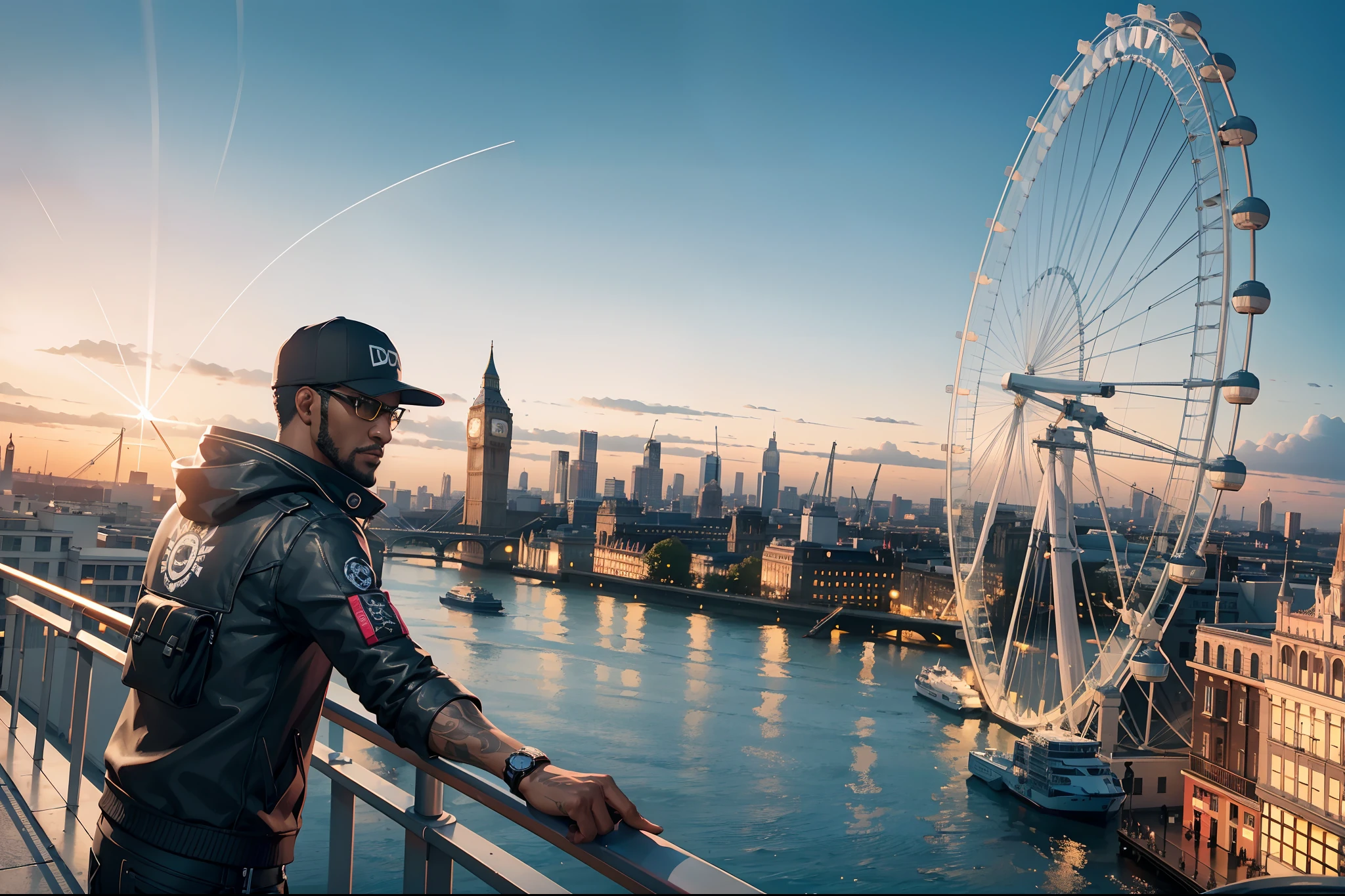 London Eye (Millennium Wheel), Marcus Holloway a character of watch dogs 2 game, UHD detailed graphics, Nvidia RTX ray tracing, AMD FidelityFX Super Resolution, AMD Ryzen 7 rendered, 24K hyperHD