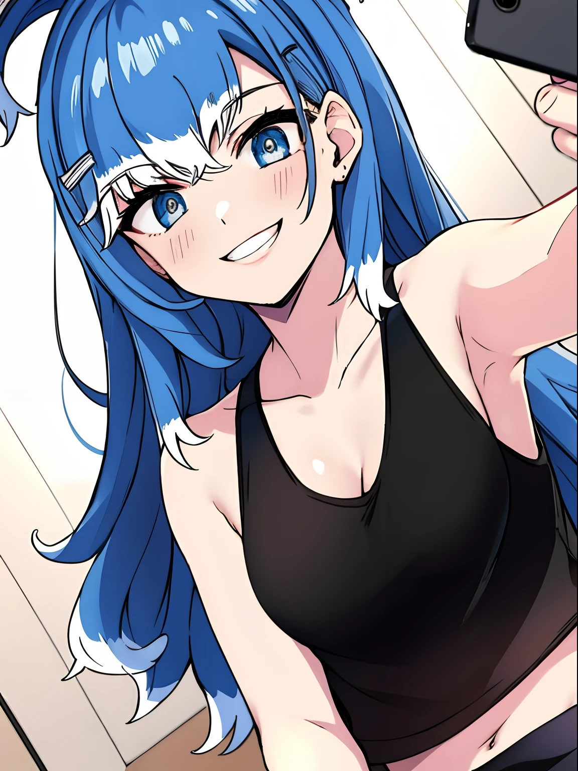 Wearing black tanktop, hidden hand, taking a selfie, sweet smile, inside room