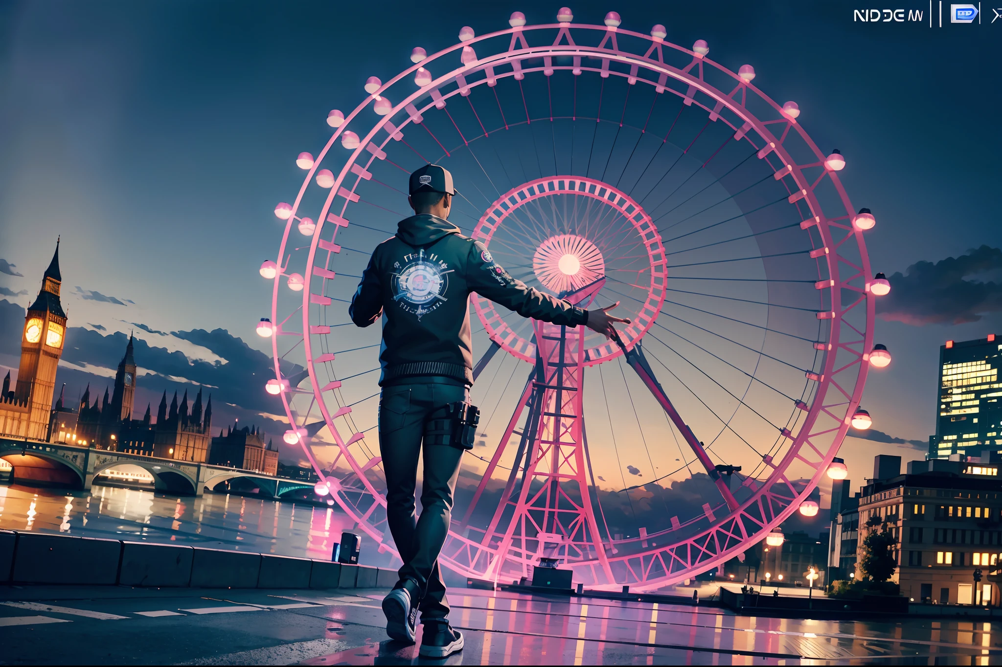 London Eye (Millennium Wheel), Marcus Holloway a character of watch dogs 2 game, UHD detailed graphics, Nvidia RTX ray tracing, AMD FidelityFX Super Resolution, AMD Ryzen 7 rendered, 24K hyperHD
