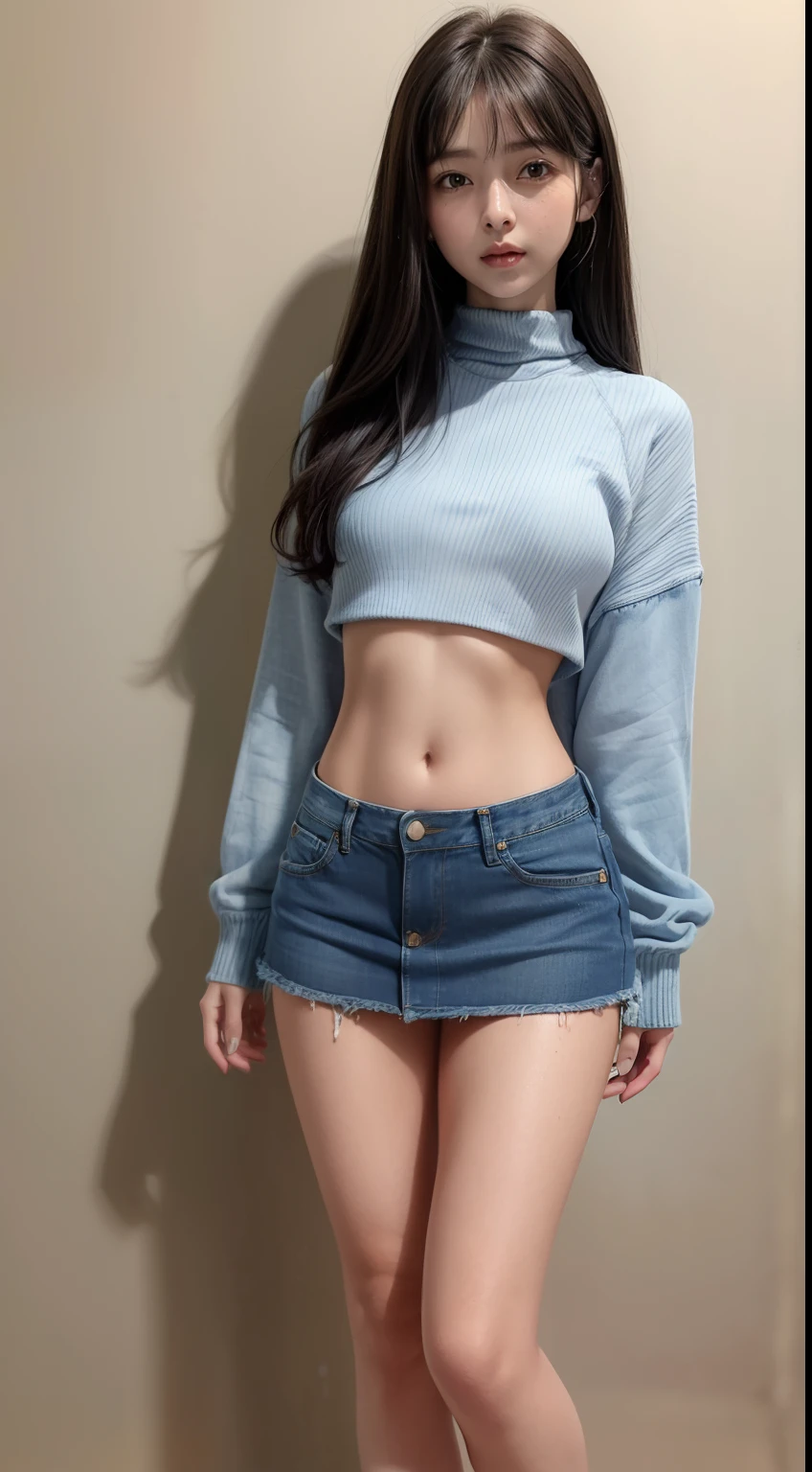 ((masuter piece:1.3)、(8K、Photorealsitic、Raw photography、top-quality: 1.4)、(1girl in)、Beautiful expression、(Lifelike face)、(A dark-haired、long)、 Beautiful hairstyle、realisticeyes、Beautiful details、(real looking skin)、Beautiful skins、absurderes、enticing、超A high resolution、A hyper-realistic、high-detail、the golden ratio、 ((wide open abdomen))、((open abdomen))、((wide open navel))、((open navel))、((Bare belly))、((Mid-Riff Sweater))、((Ultra-low rise、Denim Mini Skirt))、 ((Navel Ejection))、((small hips))、((long limbs))、((Full body depiction))、((small hip))、(long boots)、((Ultra-low rise))、((Denim Mini Skirt))、((is standing))、