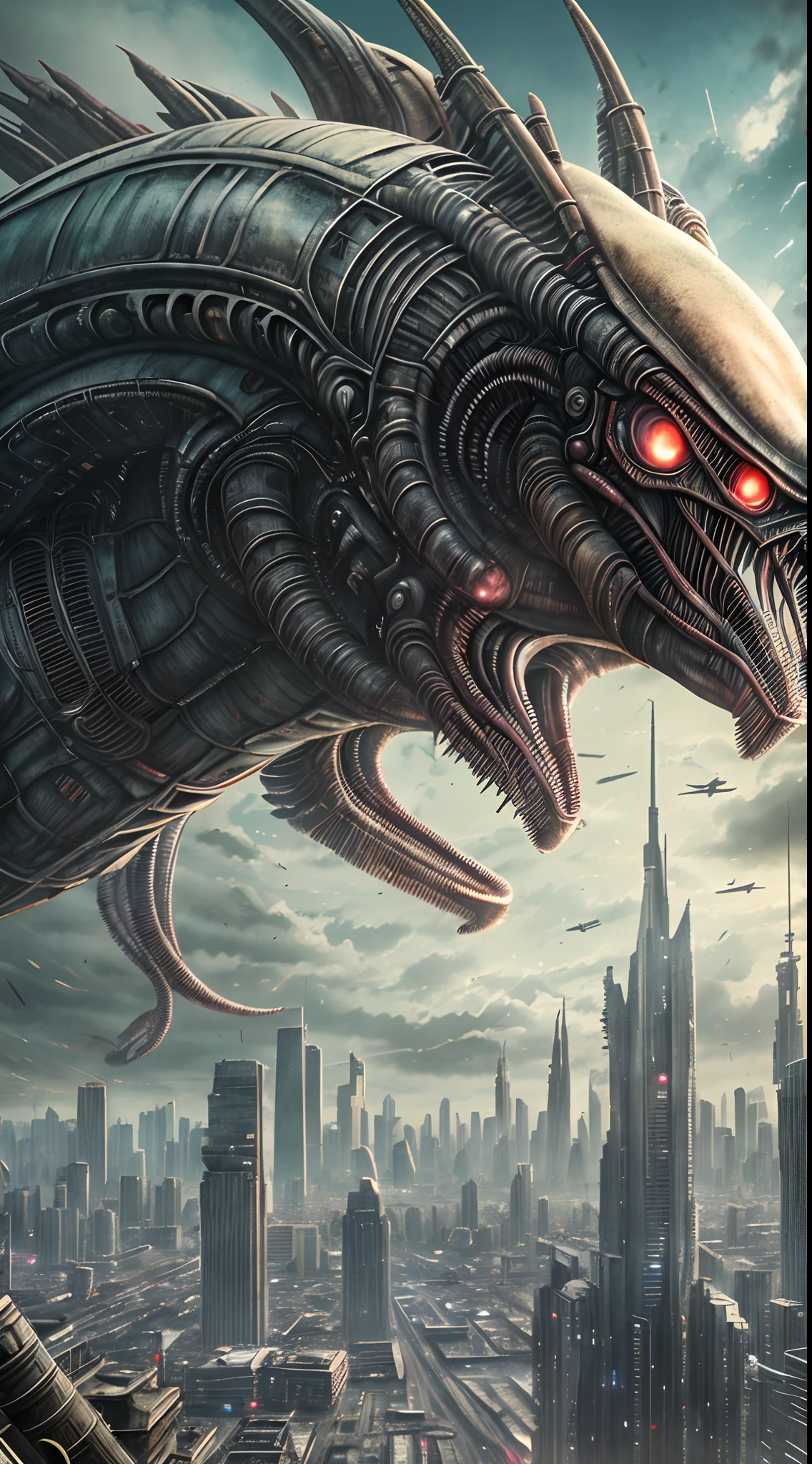 High quality movie, above the sky there is a very large alien monster with high detail and advanced technology in a post-apocalyptic cityscape, in the distance there are a few other alien monsters shooting each other with soldiers with laser guns, gloomy colors of the picture, ruined urban areas, ruined houses, 8K photo quality, intricate details, depth of field,