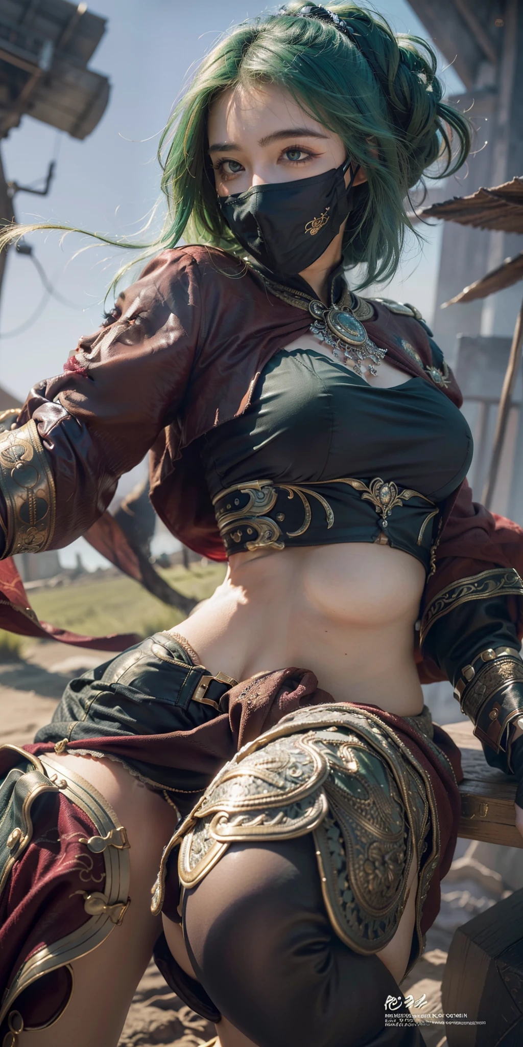 Best quality, masterpiece, big boobs, (large breasts), detailed skin texture, detailed cloth texture, detailed face, super detail, 8k, intricate detail, 1girl, green hair, pretty lips, wear a mask