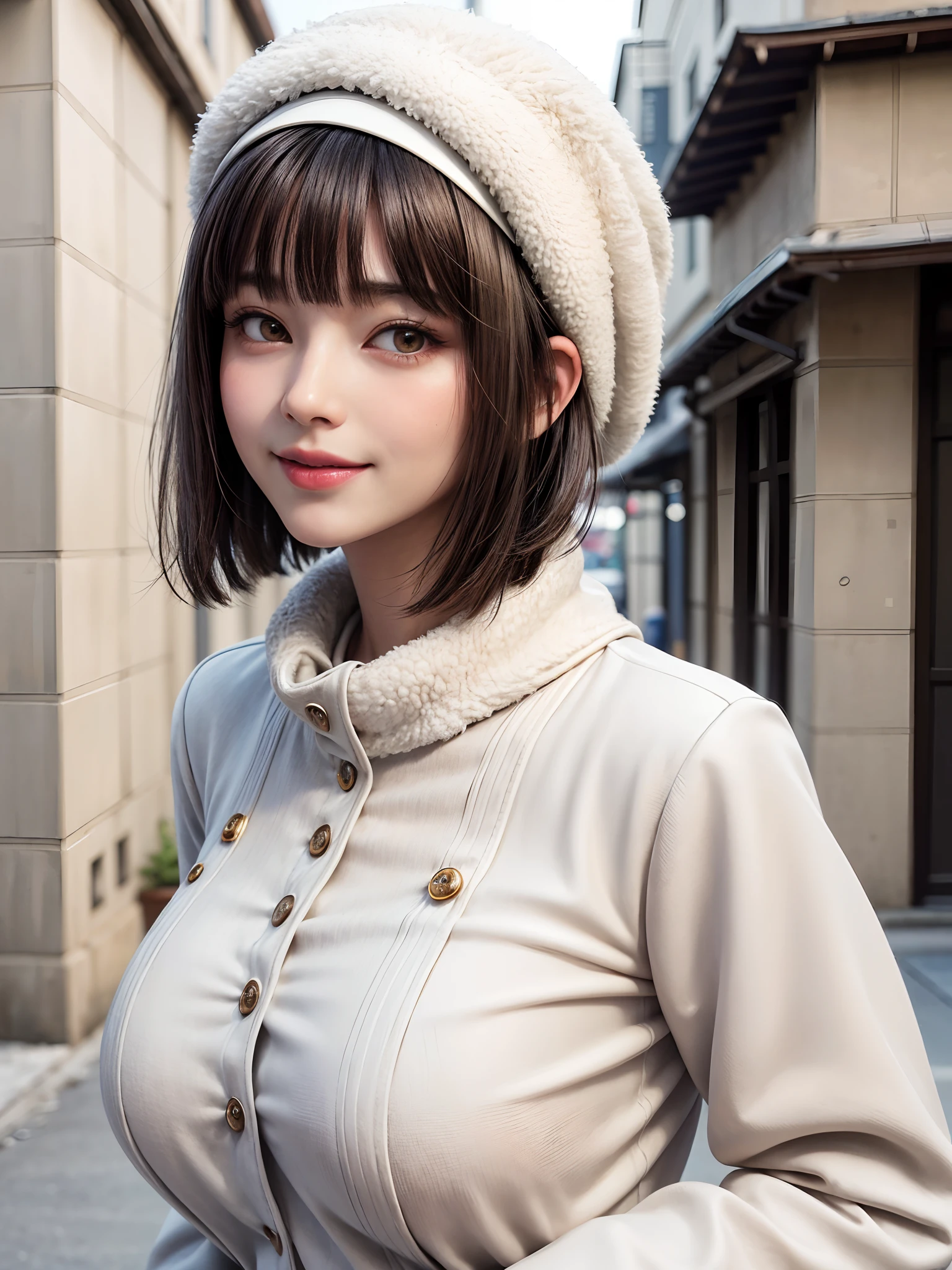 (masterpiece, top-quality),1girl in, 独奏, A dark-haired, scarf, Hats,, realisitic, looking at the viewers, black eyes of light color, shorth hair, coat, Winter clothes, White headscarf, s lips, lipgloss,bangss,, a closed mouth, The upper part of the body、big eye、Lashes、((Street))、((Shorthair with bangs、big eye、Put very strong highlights in your students、very Bigger breasts、gazing at viewer、Very beautiful beauty、Put your ears out、long neck、little smiling、Close your mouth and smile)))、