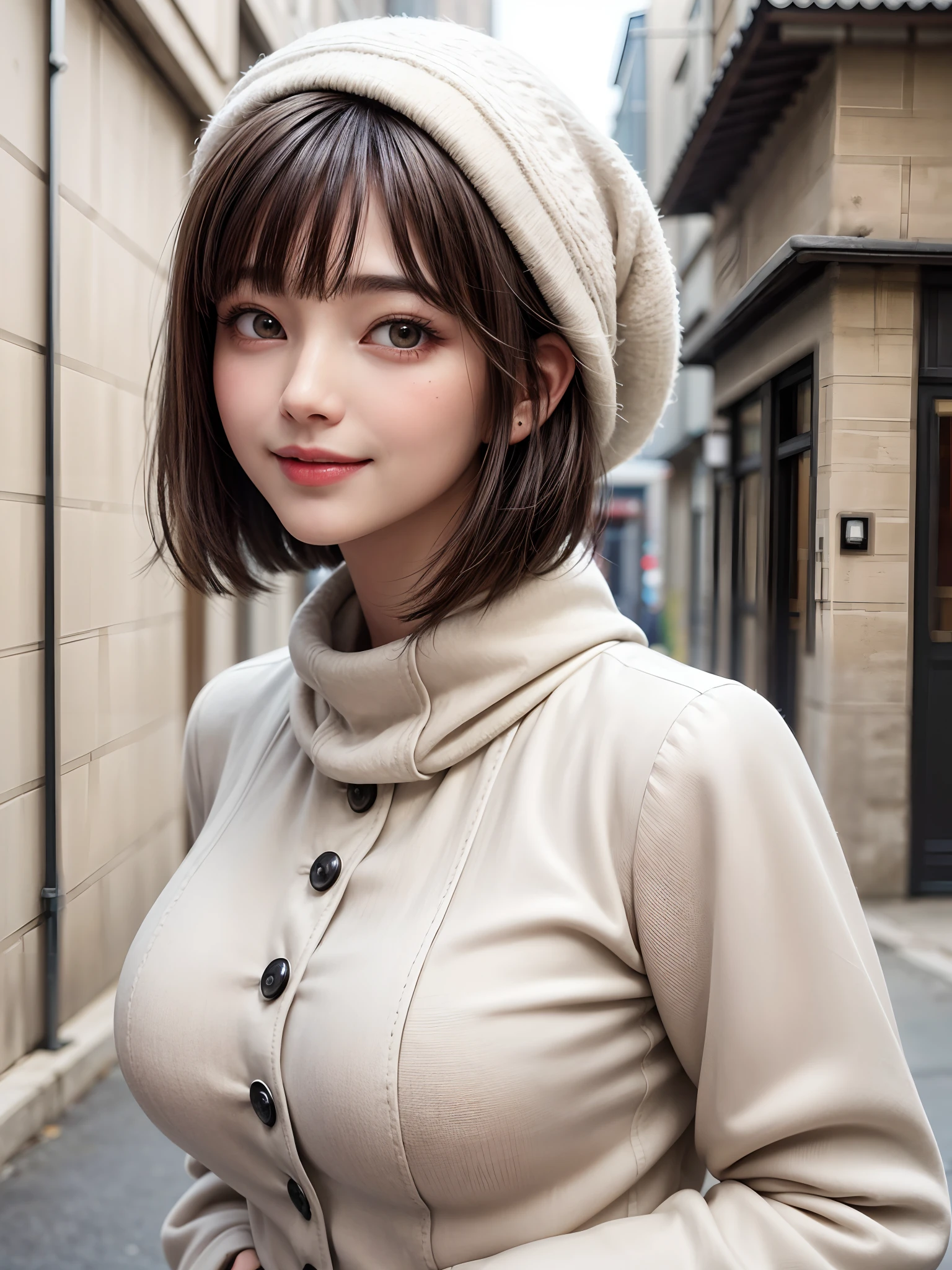 (​masterpiece, top-quality),1girl in, 独奏, A dark-haired, scarf, Hats,, realisitic, looking at the viewers, black eyes of light color, shorth hair, coat, Winter clothes, White headscarf, s lips, lipgloss，bangss,, a closed mouth, The upper part of the body、big eye、Lashes、((Street))、((Shorthair with bangs、big eye、Put very strong highlights in your students、very Bigger breasts、gazing at viewer、Very beautiful beauty、Put your ears out、long neck、little smiling、Close your mouth and smile)))、