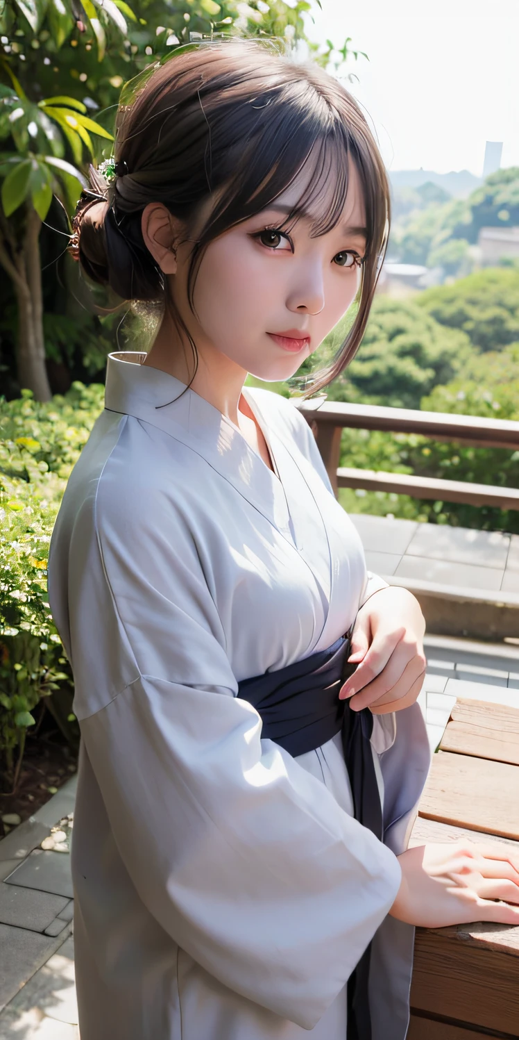 top-quality、超A high resolution、(Photorealsitic:1.4)、女の子1人、(faded ash gray hair:1)、looking at viewert、a closeup、kimono、