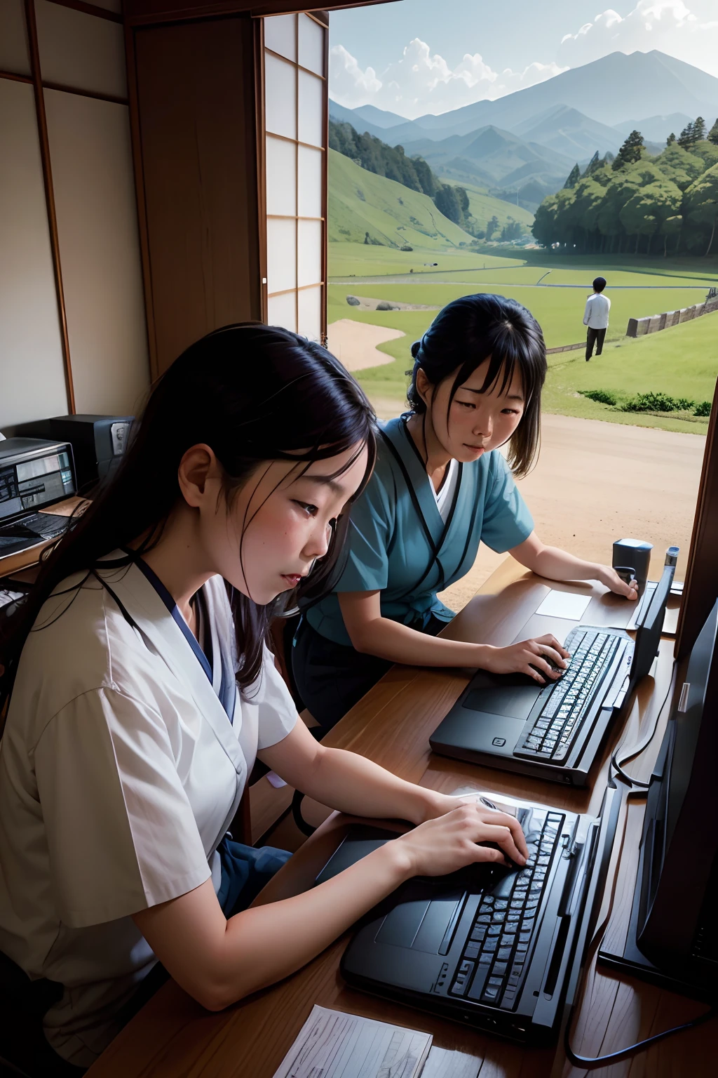 Foreigners working on computers in the countryside of Japan