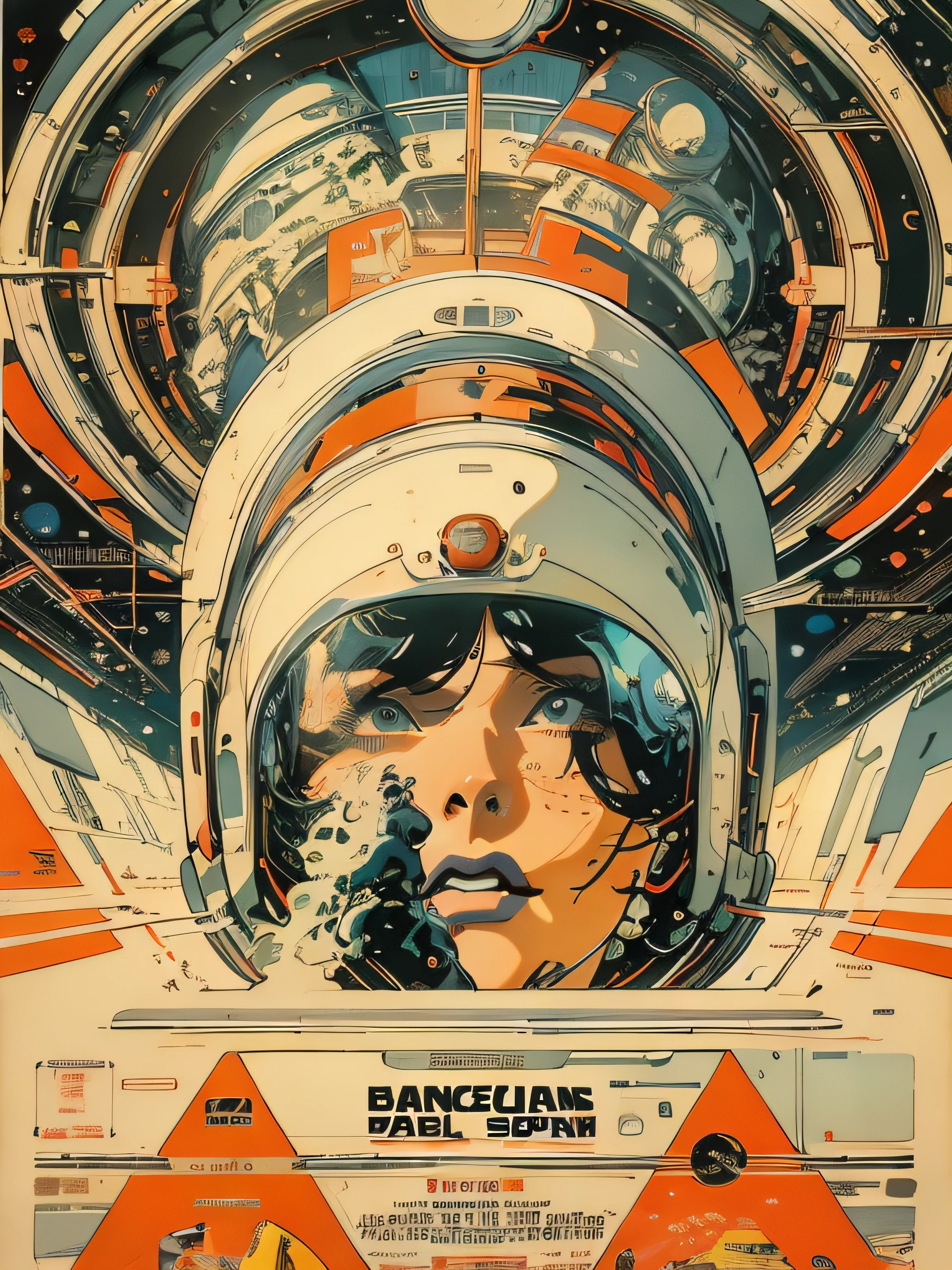 (Masterpiece, Best Quality), 8k Wallpaper, highly detailed, poster, vintage science fiction, 1960s, sexy female space thriller cinematic movie poster, Bauhaus, shapes, lines, abstract, propaganda, mid century modern, movie poster, vintage,