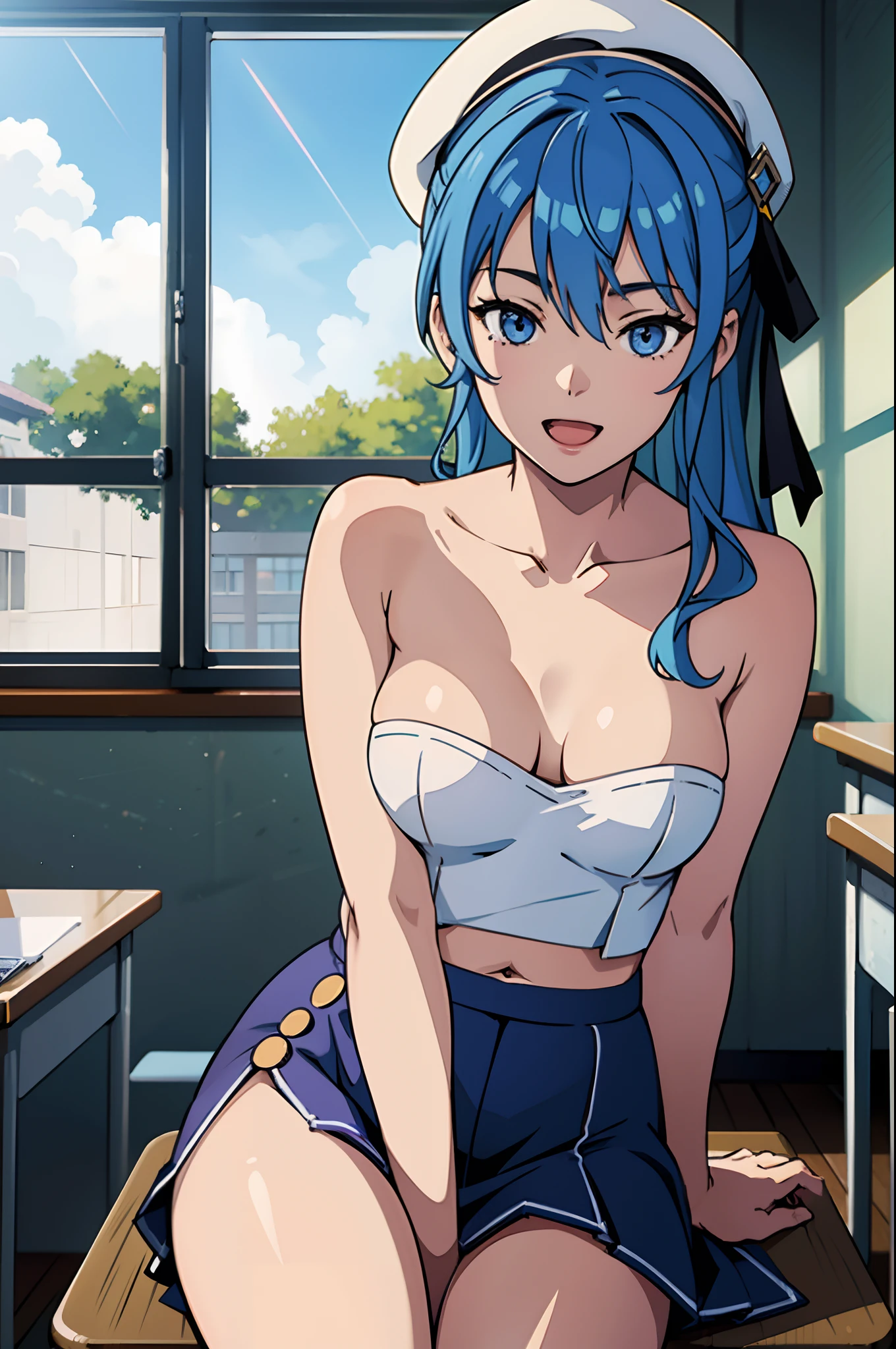 masterpiece, best quality, ultra-detailed, illustration, colorful, falt color, depth of field, lens flare, 1girl, hoshimachi suisei, anime, sitting, blue hair, looking at viewer, school, classroom, topless, , white panties, navel, detailed skin texture, detailed cloth texture, beautiful detailed face, smile, open mouth, beret, collarbone