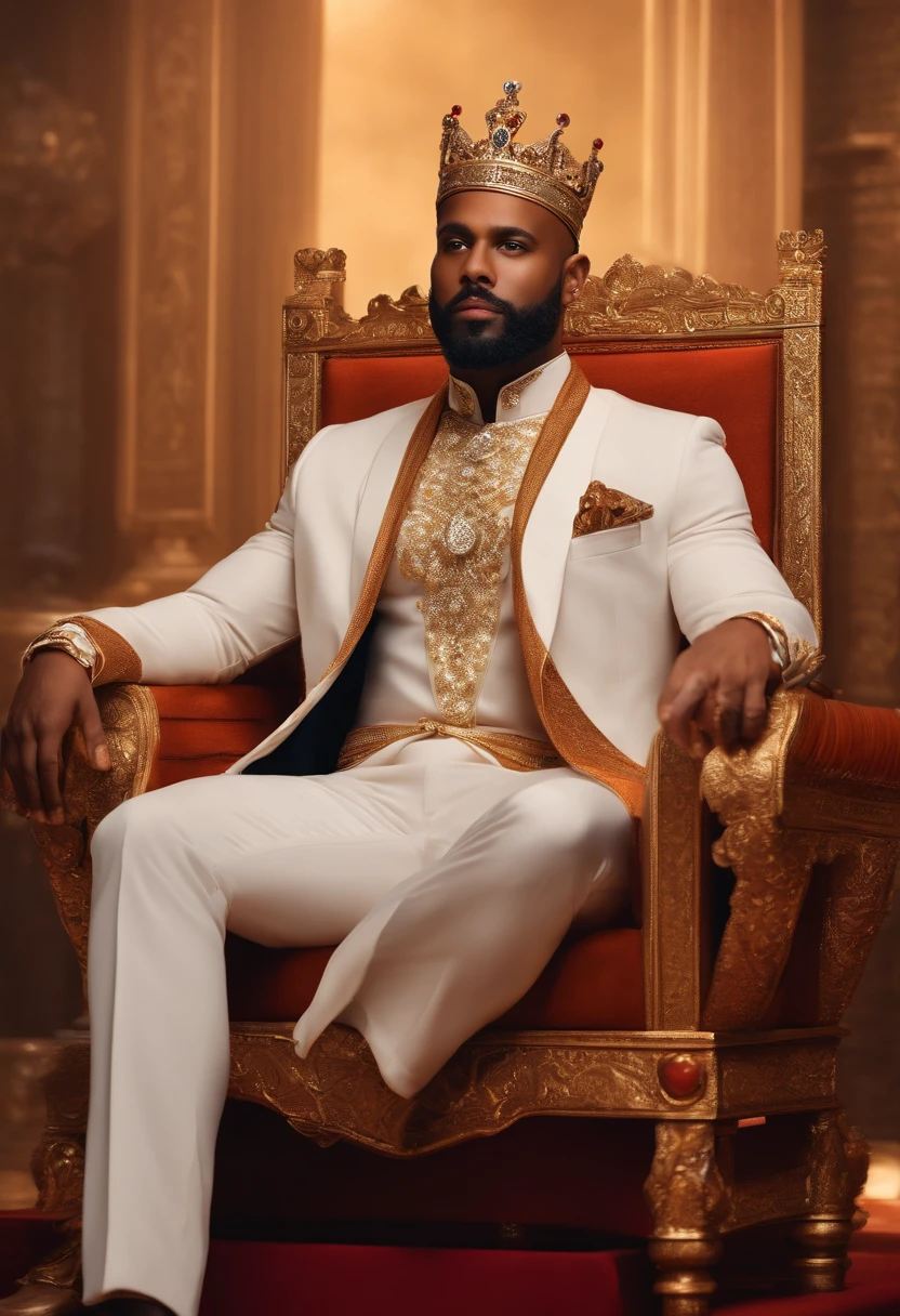 brown skinned King,physically well built, sitting on throne,crown,short beard,bald,business atire