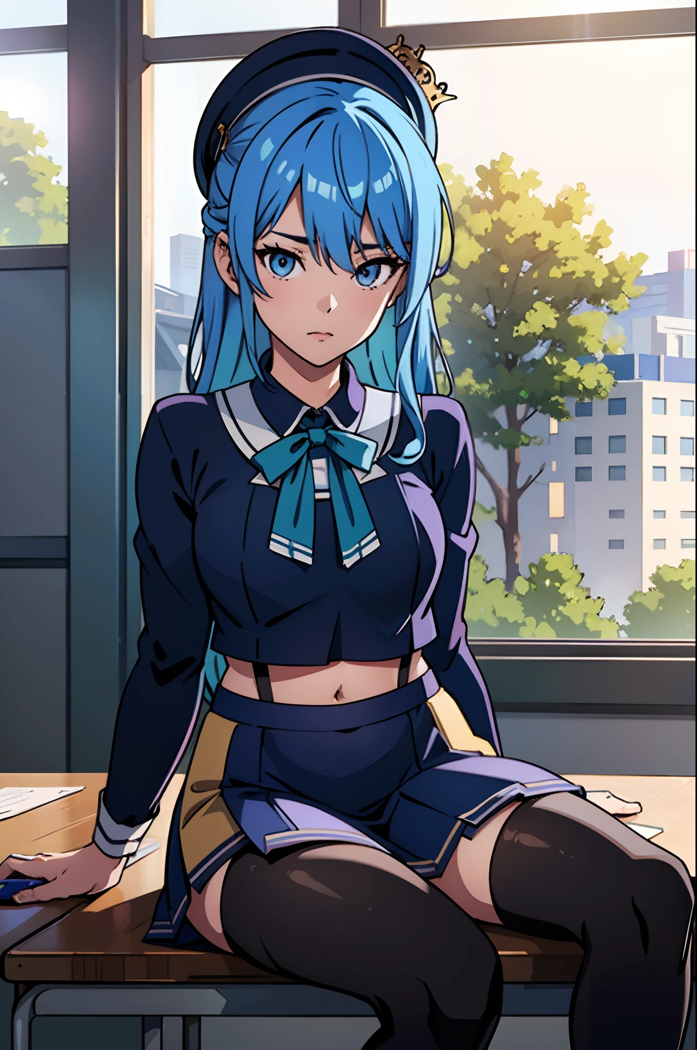 masterpiece, best quality, ultra-detailed, illustration, colorful, falt color, depth of field, lens flare, 1girl, hoshimachi suisei, anime, sitting, blue hair, looking at viewer, school, classroom, nude, naked pantyhose, bottomless, navel, black pantyhose, detailed skin texture, detailed cloth texture, beautiful detailed face