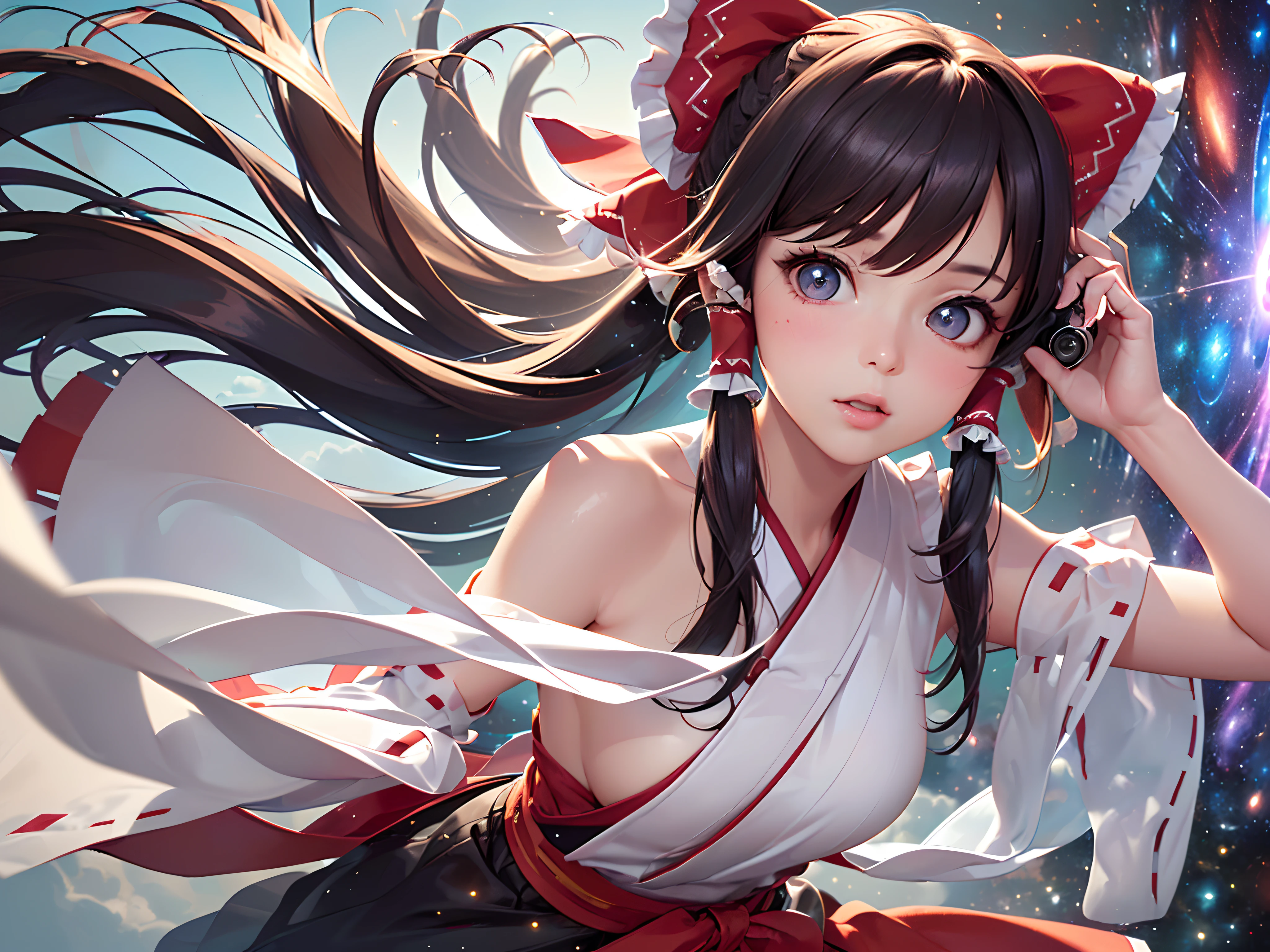 (((hakurei reimu:1.1,)))(((expressive hair,straight hair,supple hair,long hair,pointy hair,long bangs,high ponytail,french braid,brown hair,brown eyes, nontraditional miko))),((white gloves)),(((((Break,design an image with fisheye lens effect,capturing a wide field of view with a distinctive, curved perspective.Break,))))((1girl:1.1,Solo,))(Masterpiece,Best quality, offcial art, Beautiful and aesthetic:1.2),((超高分辨率,)) (16k),((deep field:1.7)),((((hair ribbons,hair tubes,))))Dynamic lighting,(((rich background,)))(((microshot))))(Sunset,)(((flying on the clouds,colourfulclouds,warm clouds,))),((hypersurreal)),Physically-based rendering,automatic white balance),Amazing,Sharp focus,Natural background, (((highdetailskin,zoom layer,)))Dynamic lighting,Intricately detailed clothing,Slender,((breeze)),(masterpiece sidelighting),(The sheen),(((Delicate fingers and hands:0.55))::0.85))),(Detail fingers),(((Superior photographic quality))),((unbelievable Ridiculous,))((extremely_Detailed_Eyes_and_face)),(Dynamic configuration: 1.2),Brilliant,Striking contrast,High saturation,Sony F and 24-105mm f / Use a Sony Alpha 4 mirrorless camera with 1G OSS lenses, reflector, (hyper realisitic:1.4),anatomically correct, textured skin, high details, high quality, super detail, best quality, award winning, highres,