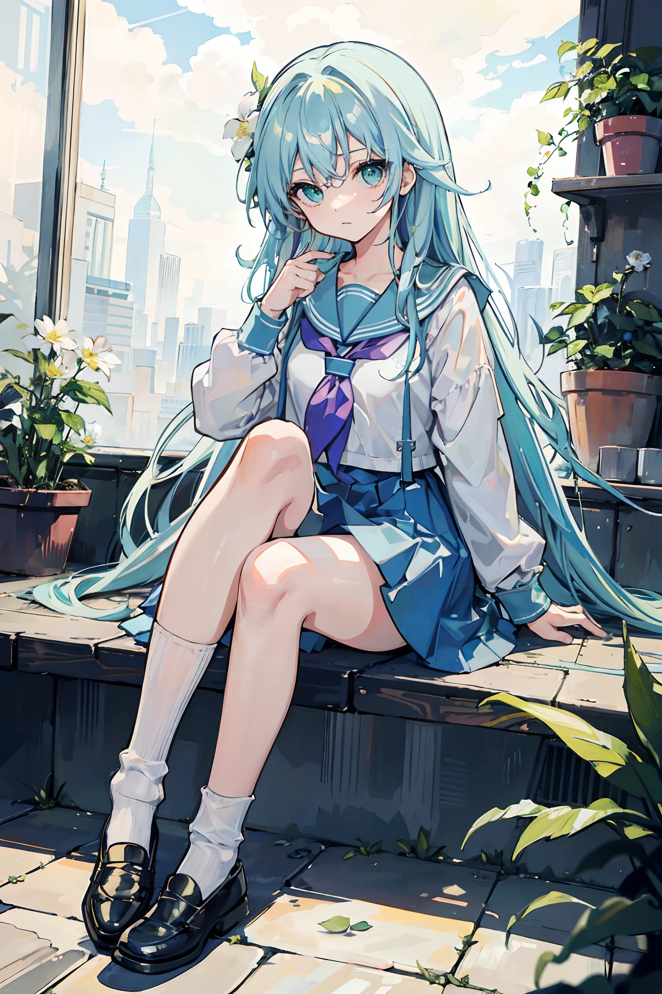 masterpiece, best quality, bishoujo, long hair, light blue hair, green eyes, seifuku, socks, hair flower,