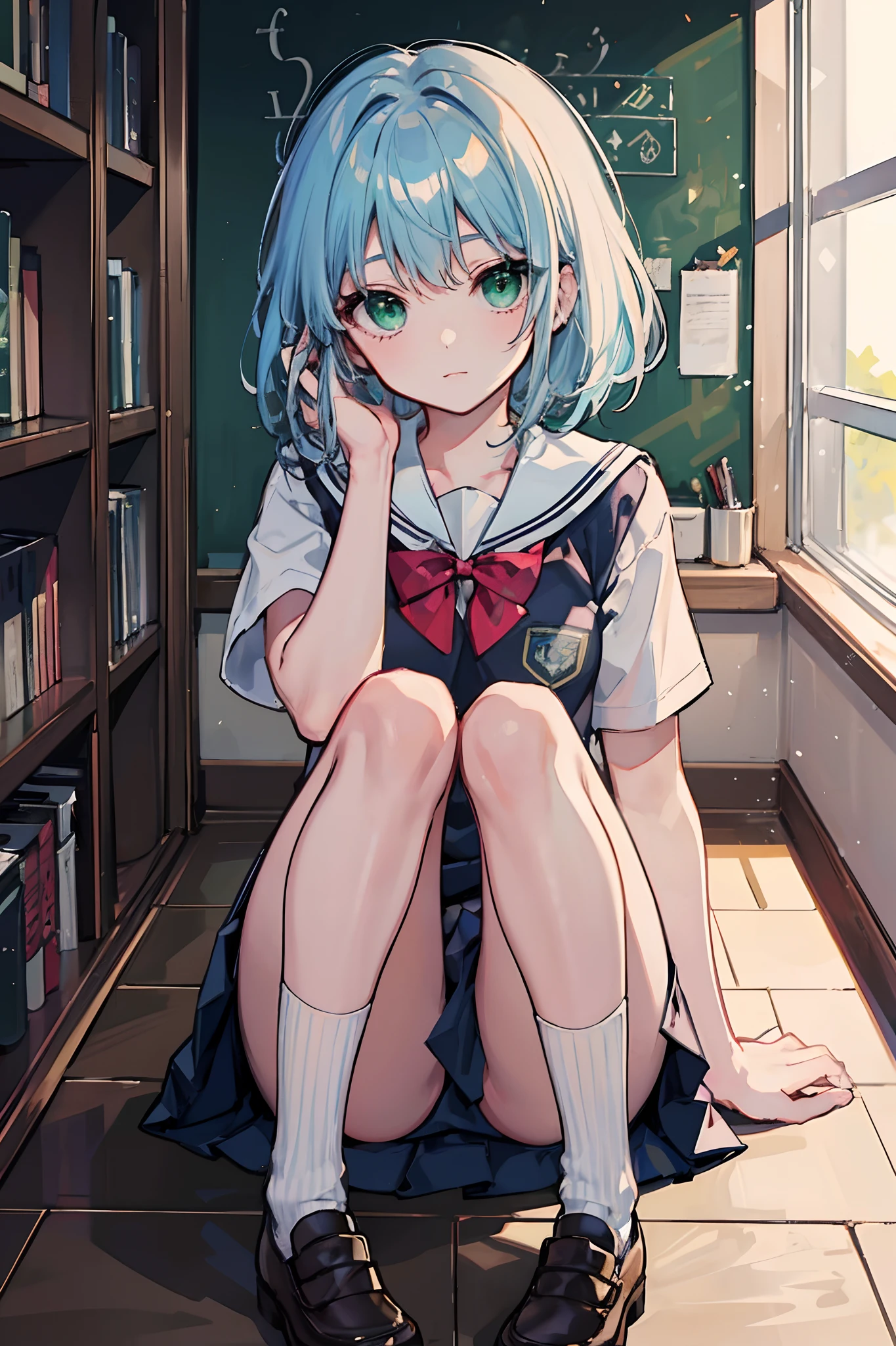Masterpiece, Best quality, a beauty girl, hair over shoulders, Light blue hair, Green eyes, school uniform, Socks,