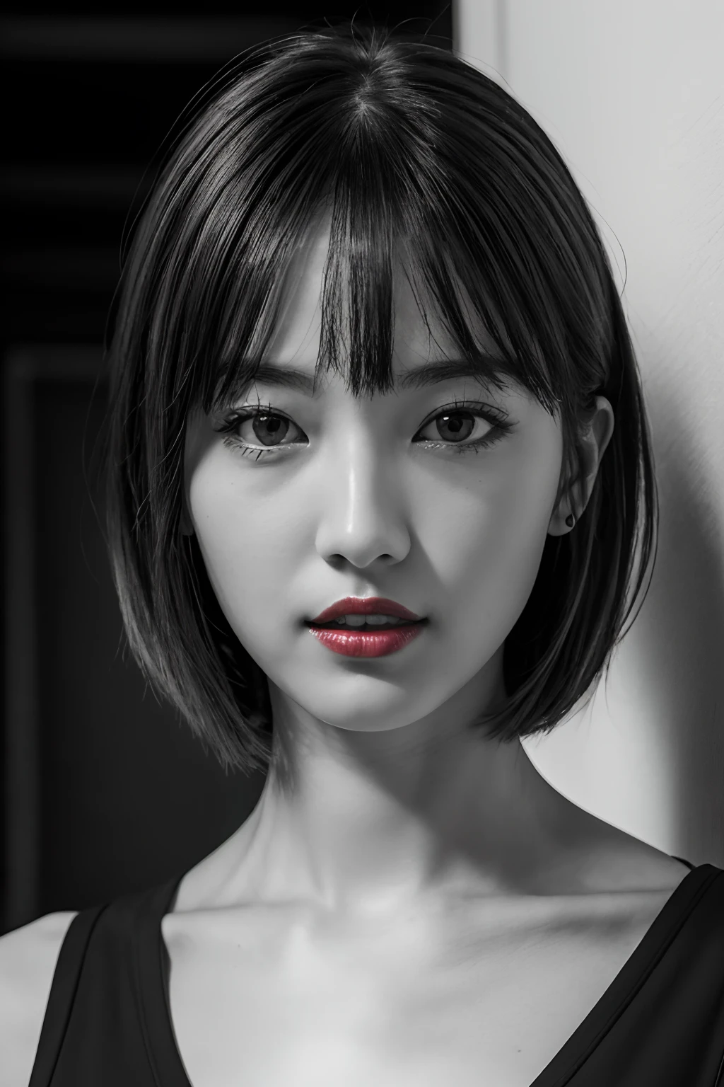 masutepiece, Best Quality, Photorealsitic, Ultra-detailed, finely detail, hight resolution, 8k wallpaper, Professional, high level of detail, ((Monochrome photography)), 1girl in, ((Facing the front)), ((Vermilion lips)), Detailed clavicle, face perfect, straight haired