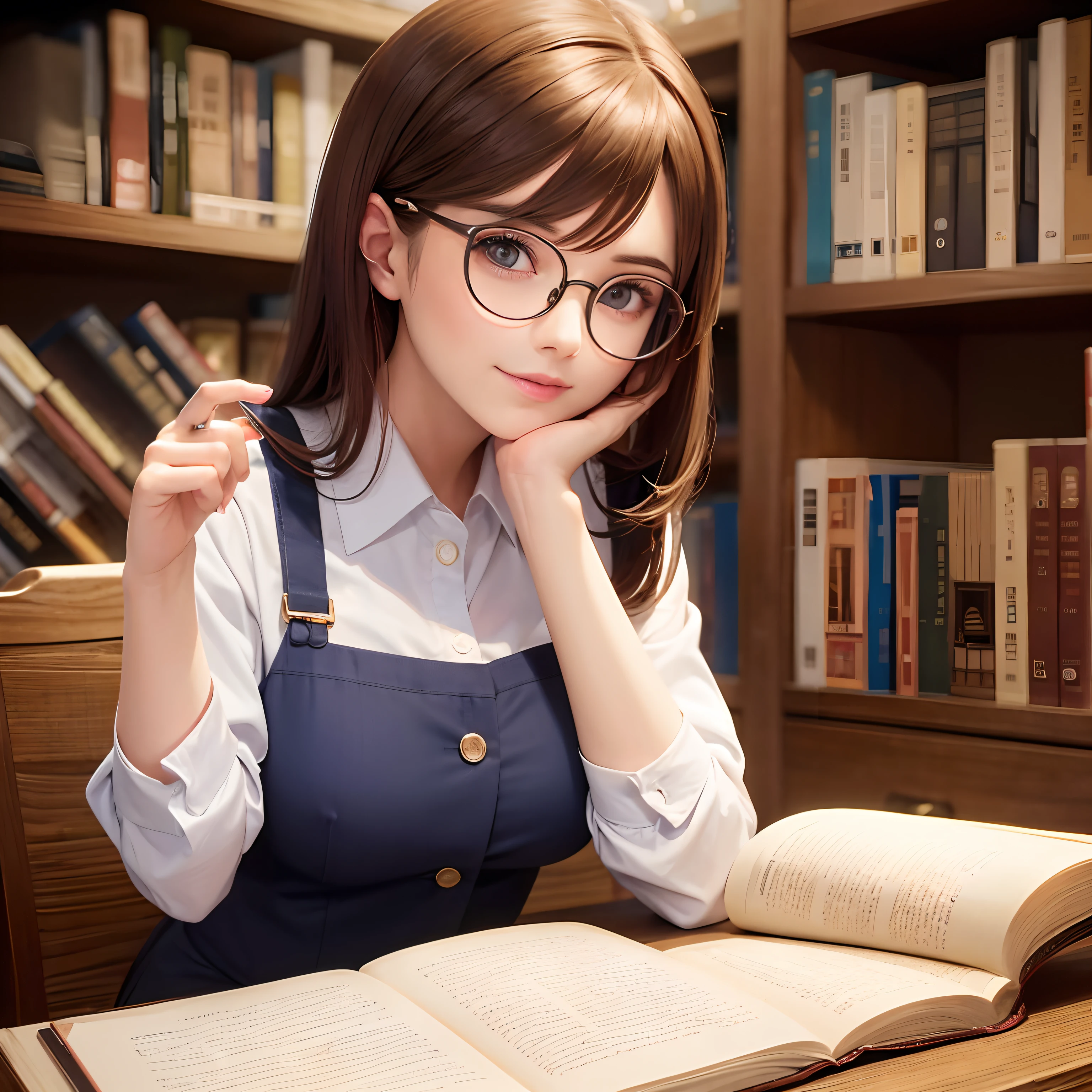 A gorgeous lady reading book, man uniform, circular wide glasses