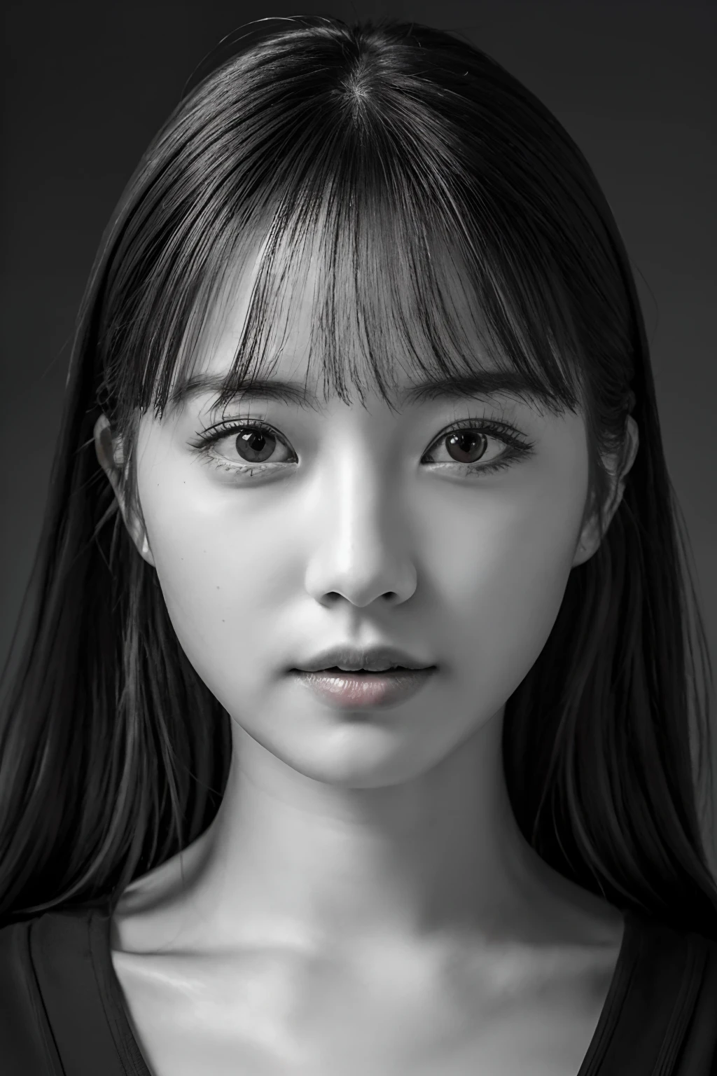 masutepiece, Best Quality, Photorealsitic, Ultra-detailed, finely detail, hight resolution, 8k wallpaper, RAW color photo, Professional, high level of detail, (((Monochrome photography))), 1girl in, (Facing the front), The upper part of the body, face perfect, (Only lips red)