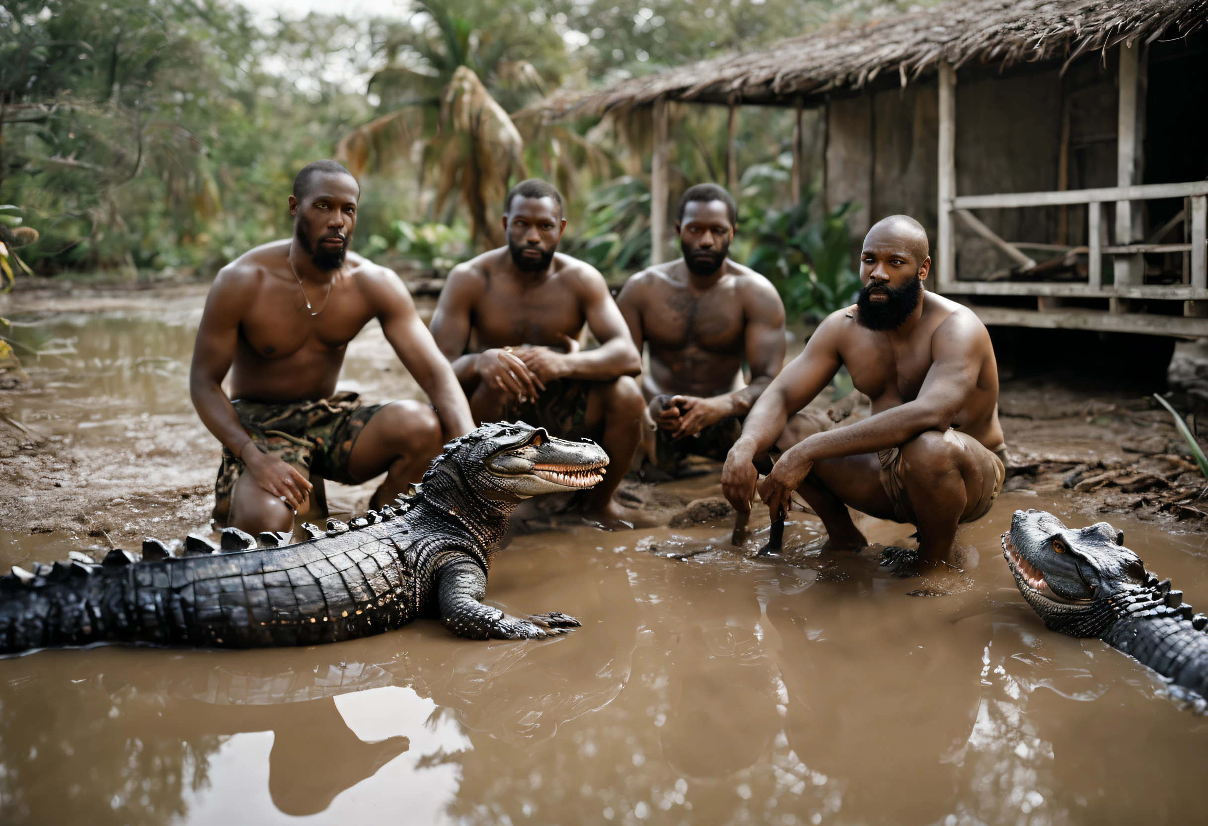 Color analogue photography, RAW photo, in puddles of mud, Four bearded fat shirtless black men in camouflage shorts sitting on white old sofa, Alligators attack, Nearby a flock of alligators in liquid soil, Evening, The frame is illuminated only by the camera, letho, Jungle,