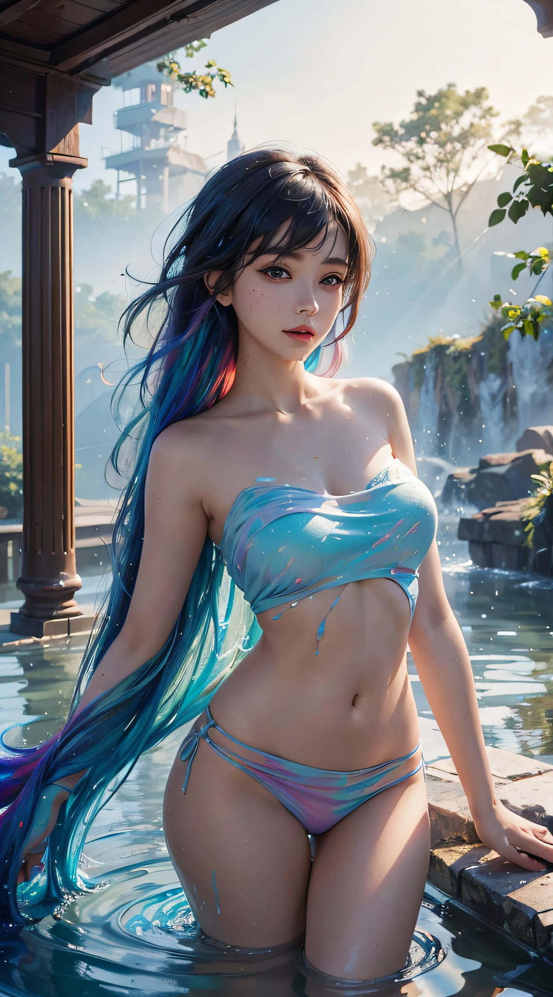 (level difference: 1.8),(Paint colliding and splashing on canvas),(depth of field),Cute creature,elegant, strong between boho and modern. With many colors and no defined (liquid paint rainbow hair:1.1) made of paint and defies gravity, thick flow, (splashes of paint: 1.3), liquid state, beautiful, masterpiece, detailed background, high quality model, ethereal background, abstract beauty, explosive volume, oil painting, heavy brushstrokes, romantic lighting, sub-surface Scattering, lens 135mm, f1.8, brightness, 8k, high resolution, dreamy, ray tracing,  hdr, divine rays,