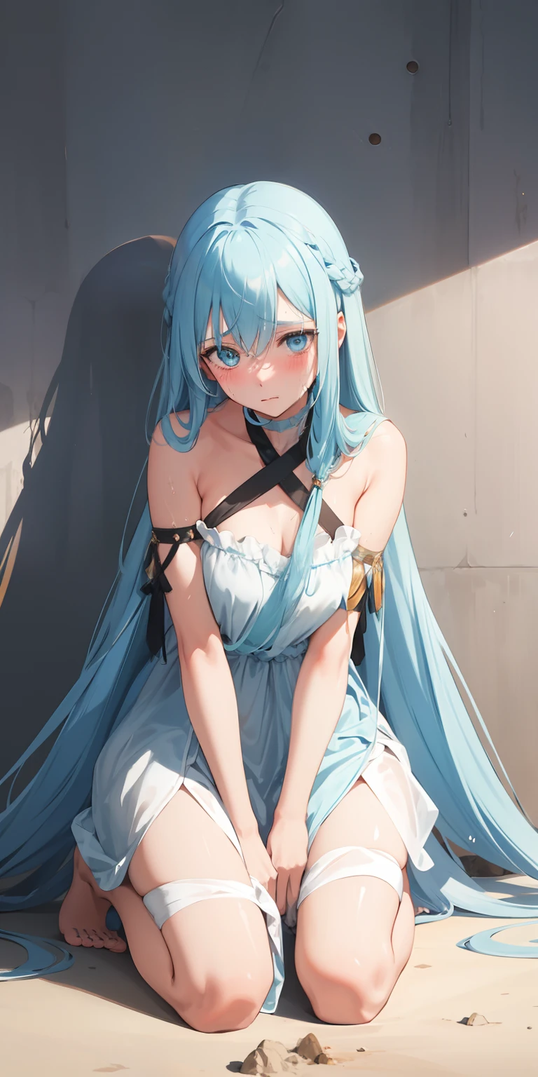 1girl, long shoulder-length hair, light blue hair, brown slave costume, in rags, dress, dirty, cry, painful, blush, looking at the camera, kneeling on the ground, poor, glowing, sidelighting, wallpaper