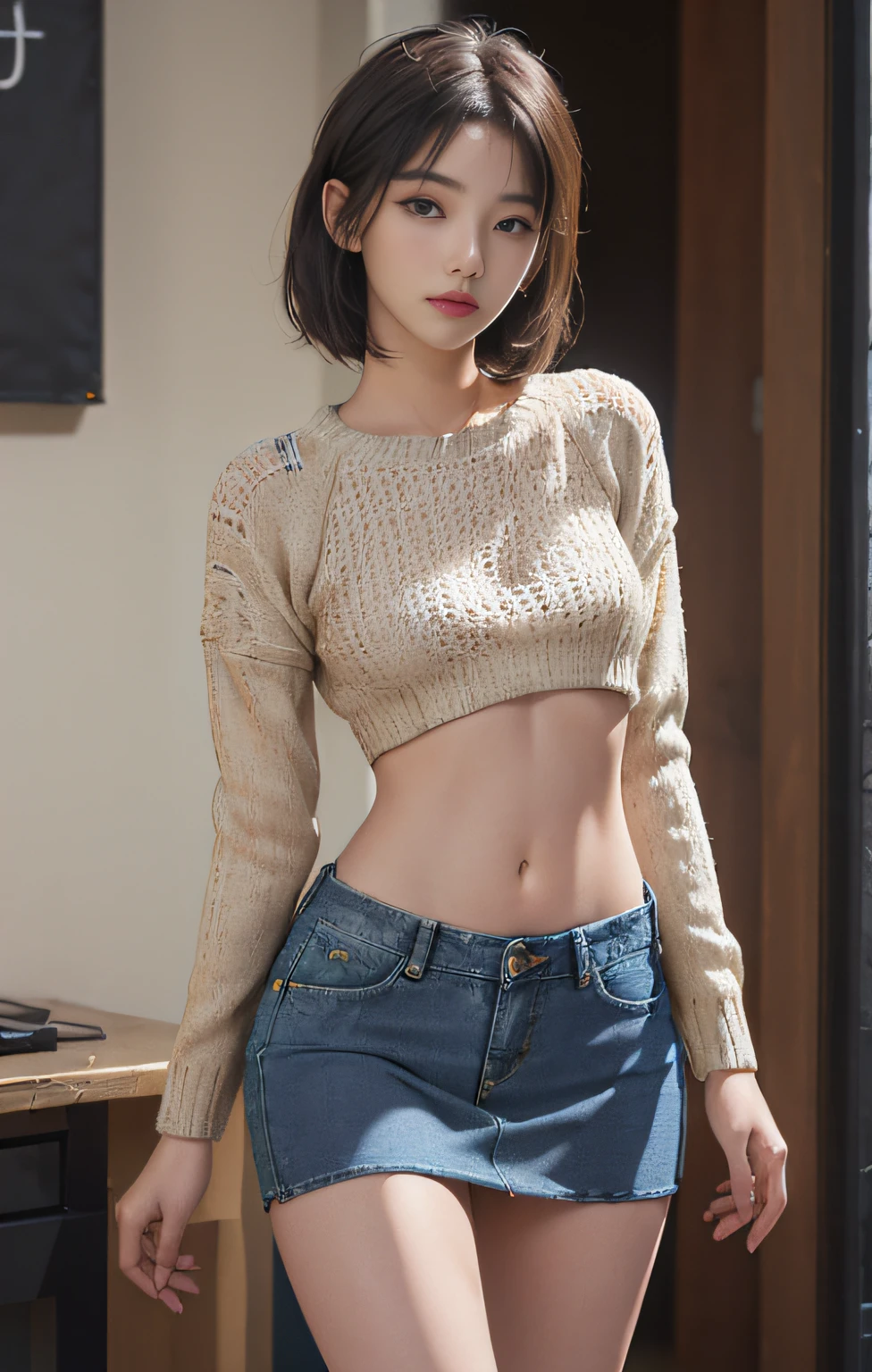 ((masuter piece:1.3)、(8K、Photorealsitic、Raw photography、top-quality: 1.4)、(1girl in)、Beautiful expression、(Lifelike face)、(A dark-haired、long)、 Beautiful hairstyle、realisticeyes、Beautiful details、(real looking skin)、Beautiful skins、absurderes、enticing、超A high resolution、A hyper-realistic、high-detail、the golden ratio、 ((wide open abdomen))、((open abdomen))、((wide open navel))、((open navel))、((Bare belly))、((Mid-Riff Sweater))、((Ultra-low rise、Denim Mini Skirt))、 ((Navel Ejection))、((small hips))、((long limbs))、((Full body depiction))、((small hip))、(boots)、((Ultra-low rise))、((Denim Mini Skirt))、((is standing))、