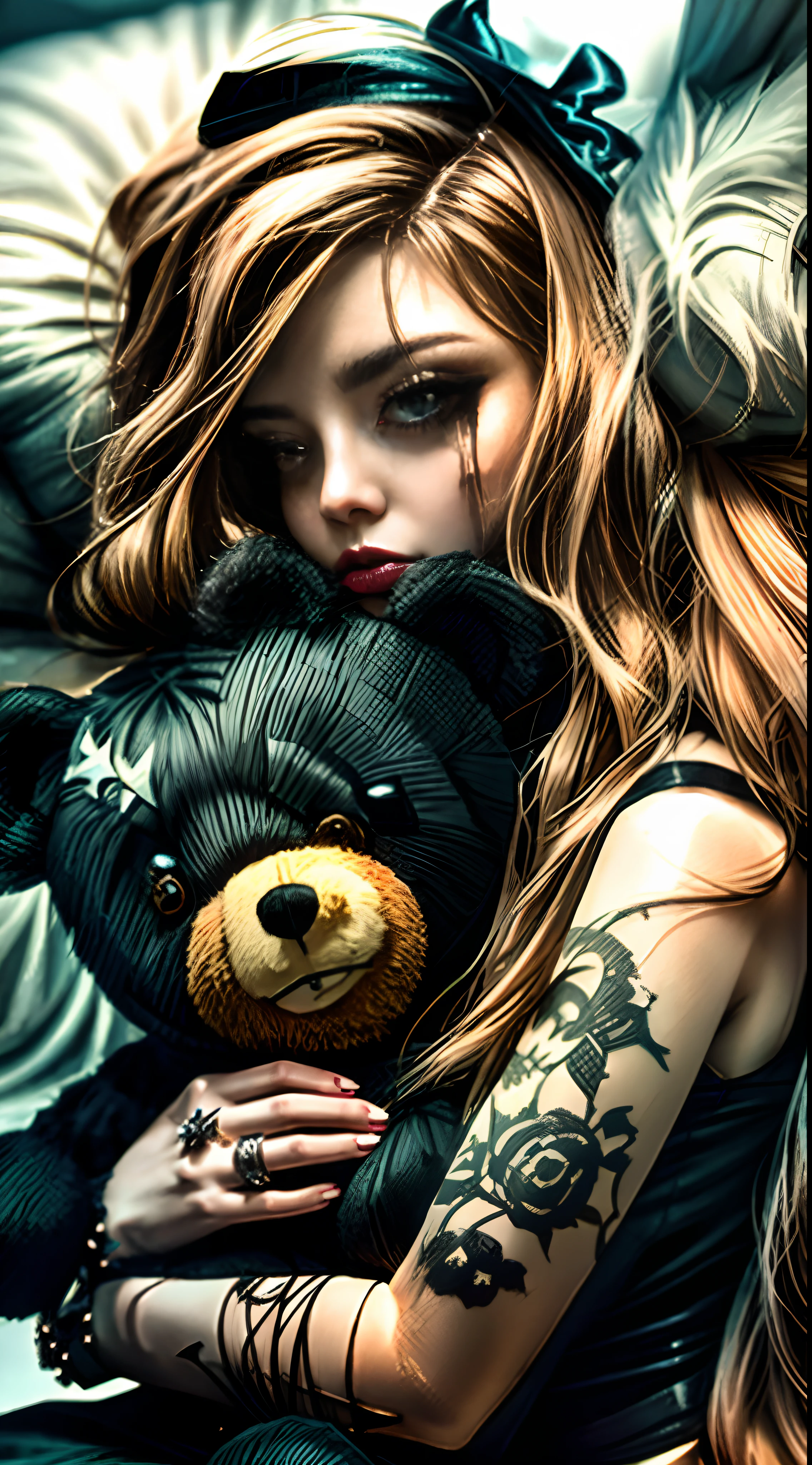 ((Arafed woman with a teddy bear in her arms)), Fantasia sombria cyberpunk sedutora, gotic girl, - Estilo Arte Escura, Art not Guweiz style, gothic aesthetic, cara bonita. fantasia sombria, goth girl aesthetic, trending on deviant art, fantasia arte escura, goth girl, epic 3 d abstract emo girl, gothic art style, gothic art