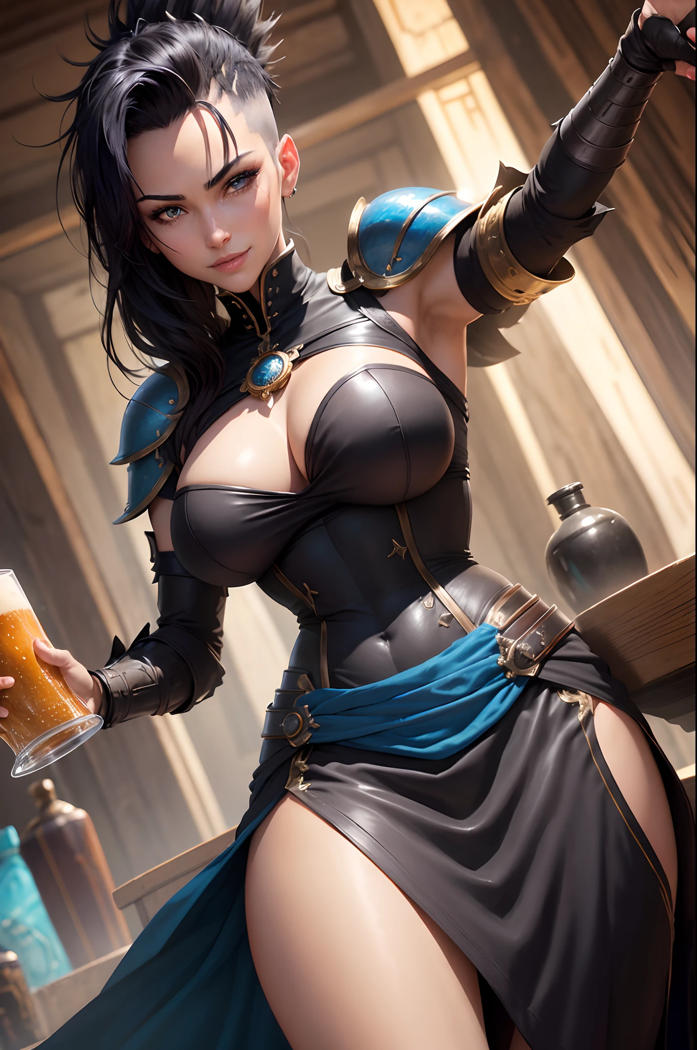 8K, Tarot Cards, (Female Swordsman), Super beauty (Like the real thing) Black-haired Mohawk a matural female Blue eyes Sexy brown and black chest armor Brown and black tight skirt Blue Leg Armor Food and Beer Roundtable Lots of dishes enticing 超A high resolution real looking skin A smile A sexy large full breasts