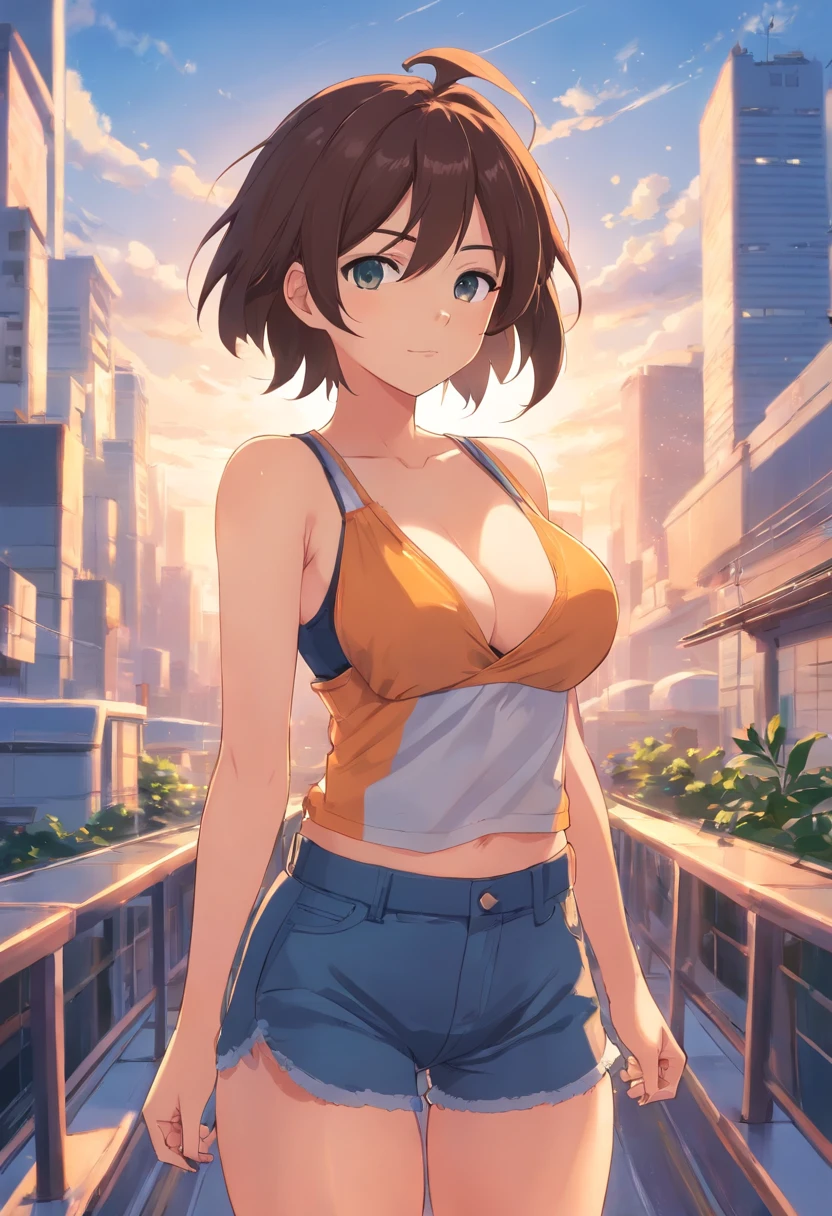 1 gil, huge breasts cleavage, anime big breast, busty body, mini tanktop, short panty,