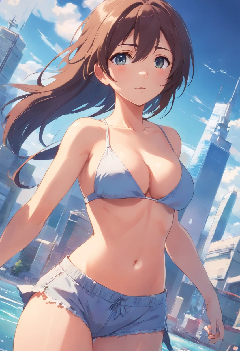 1 gil, huge breasts cleavage, anime big breast, busty body, mini tanktop, short panty,