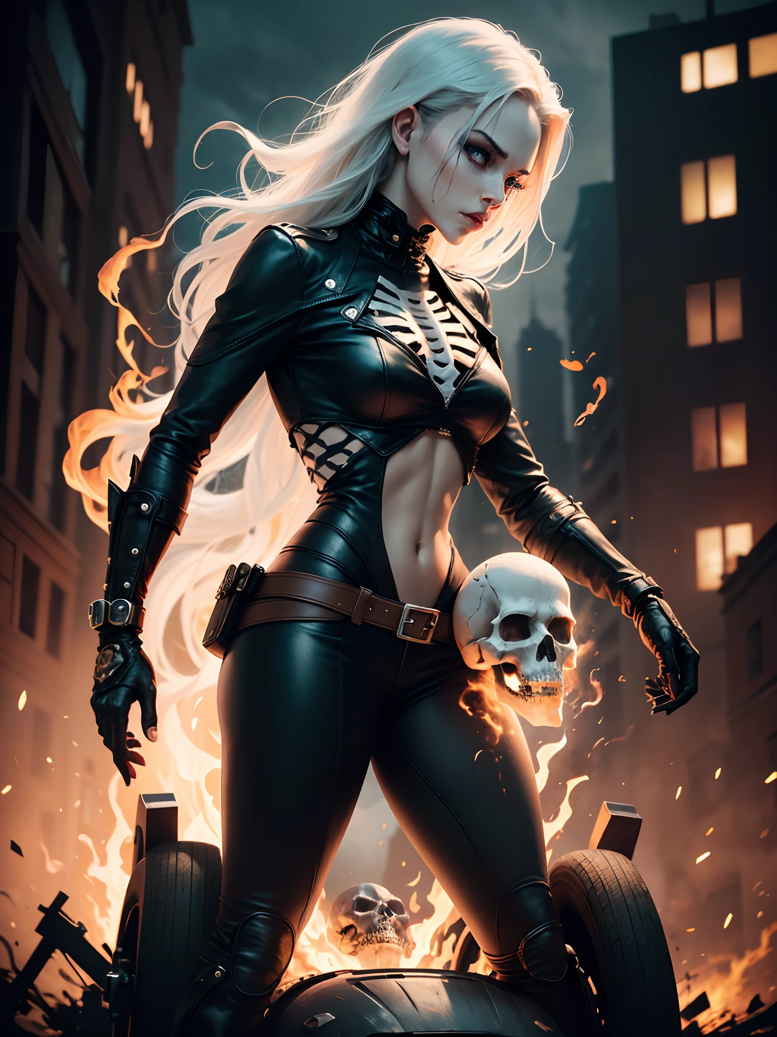Skull woman, 25 years old, ghost photographer style, a supernatural anti-hero character in comics published by Marvel Comics, appears with a skeleton's head on fire, She drives a motorcycle that is also on fire, tight leather clothes, full body, (motorcycle on fire: 1.5 ), ((best quality)), ((Selected: 1.4)) super resolution, Cinematic lighting, (New York: 1.3), (flaming skeleton head: 1.3), ultra realistic, . ....RAW, (realism: 1.5), (Realisitc: 1.4), (Absurdity: 1.4), 8k, ultra-detailed, detailed, (One: 1.4), (viewer: 1.3), HD4