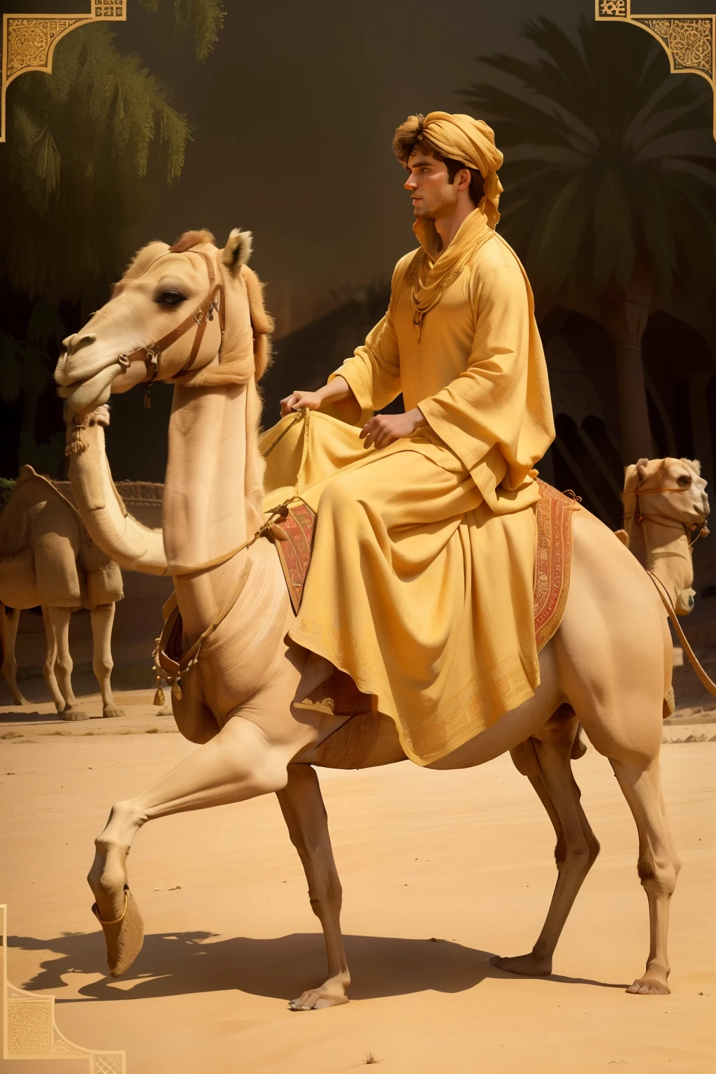 A young skinny prince white skin beautiful face handsome shirtless in a small Roman carriage with 4 horses in the desert