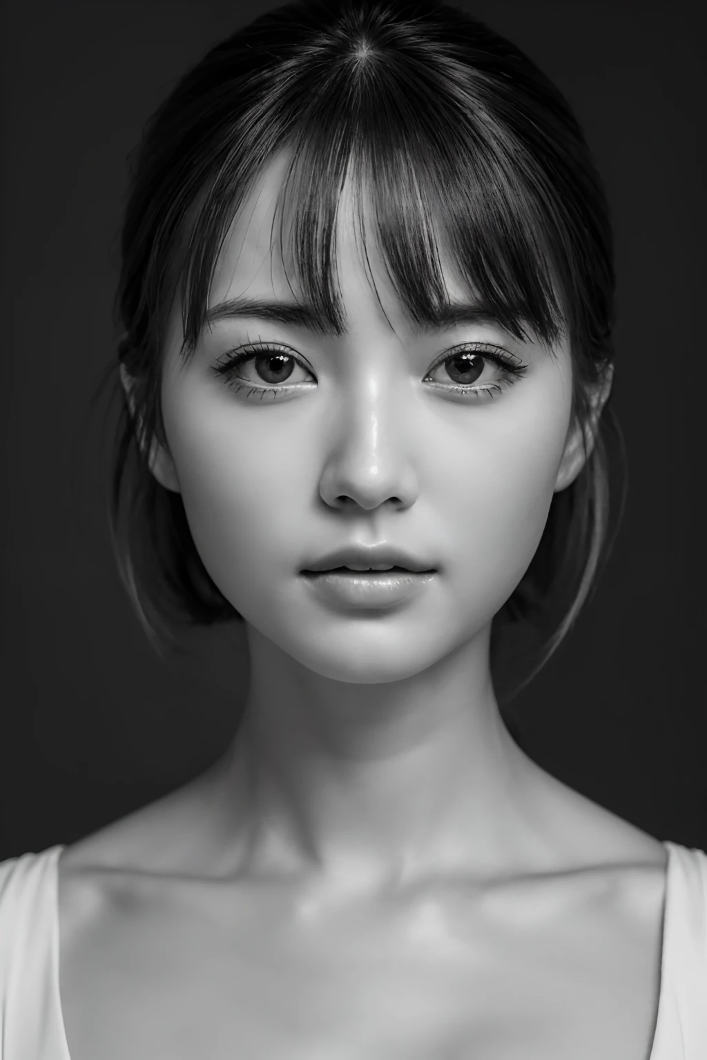 masutepiece, Best Quality, Photorealsitic, Ultra-detailed, finely detail, hight resolution, 8k wallpaper, RAW Photography, Professional, high level of detail, (((Monochrome photography))), 1girl in, (Facing the front), The upper part of the body, face perfect, (Only lips red)