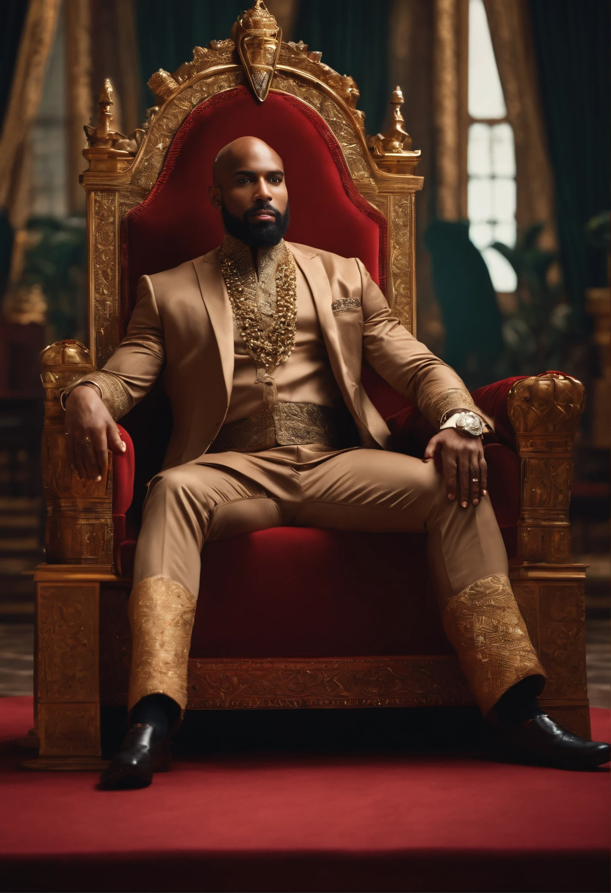 brown skinned King,physically well built, sitting on throne,crown,short beard,bald,business atire