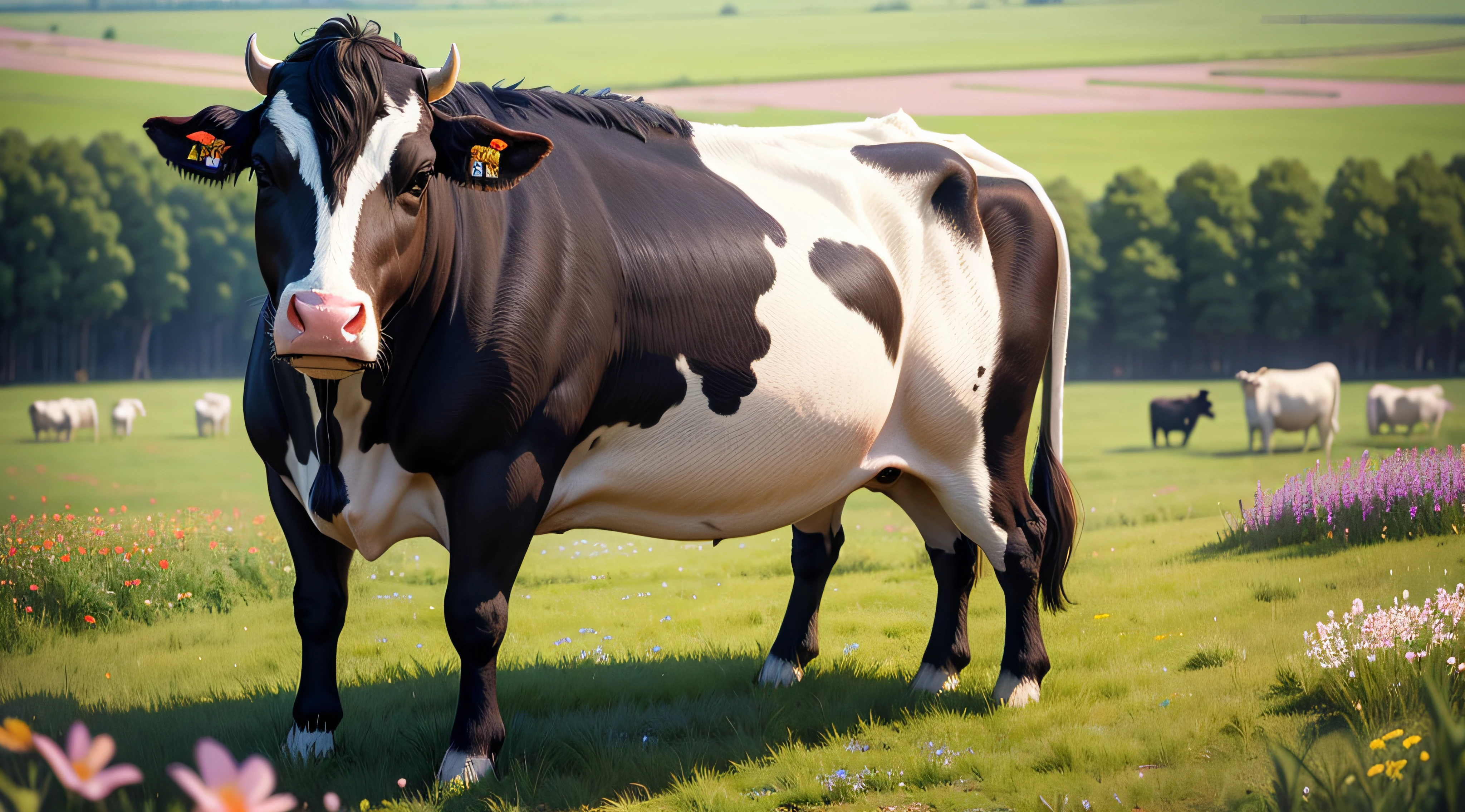 Beautiful pasture, cows, beautiful cow looking at the camera, surrounded by wild flowers, best quality, high detail