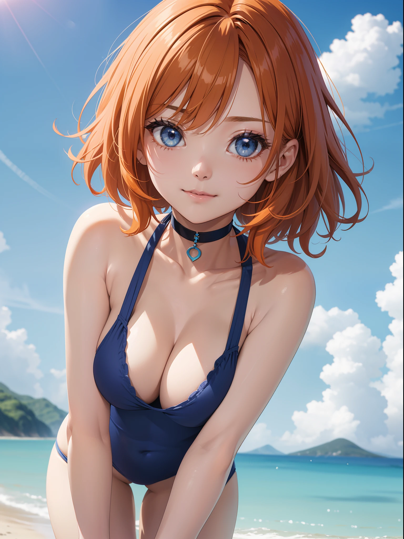 Official art、Top quality ultra-detailed CG art、a beauty girl:1.2)、Orange hair、Glossy hair、smooth hair、large blue eyes,Mid summer、kawaii、The sky is beautiful、Cute、bob cuts、Pink choker、Blue swimsuit、ssmile、