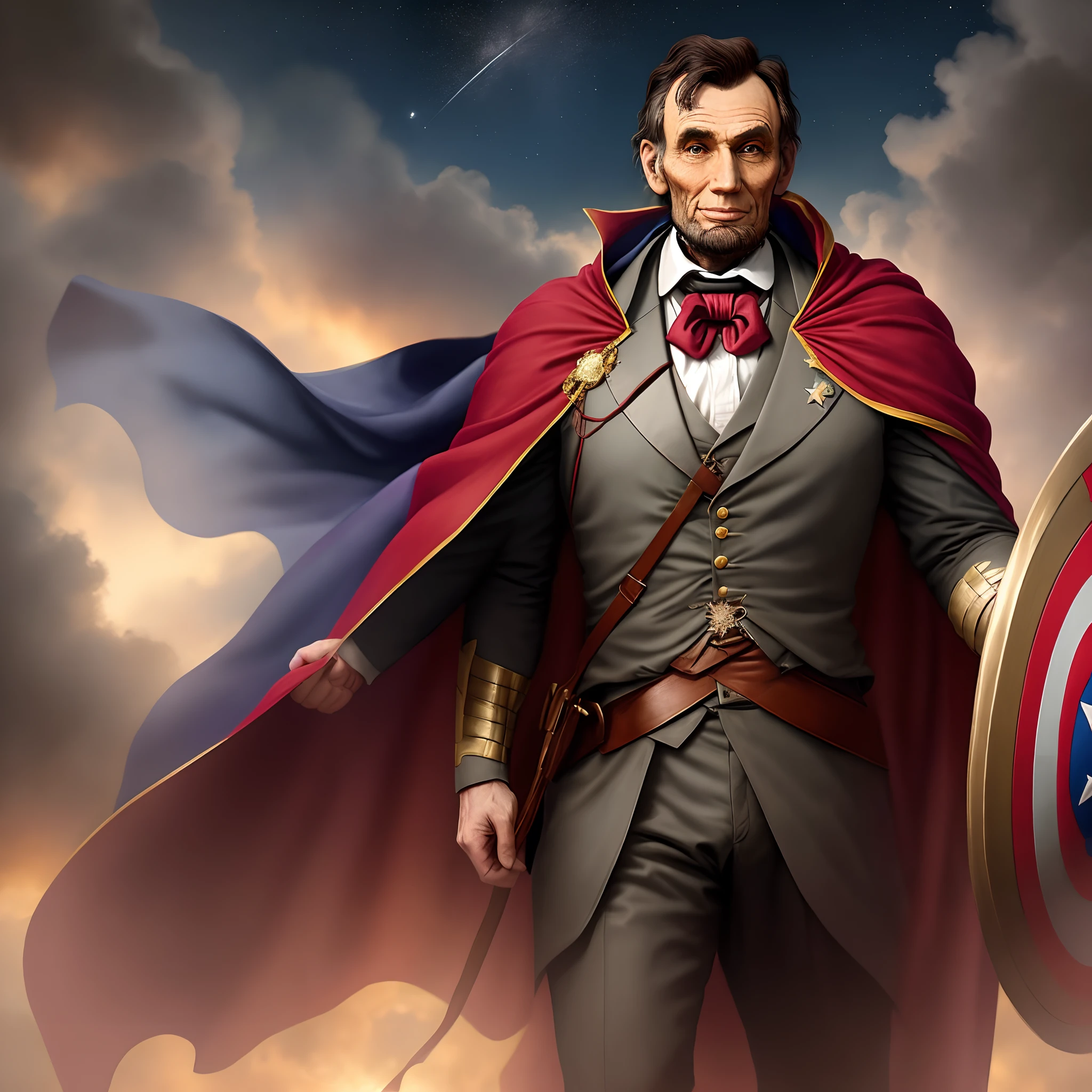 '.""Image of Abraham Lincoln wearing a superhero costume with a cape of stars and holding a shield