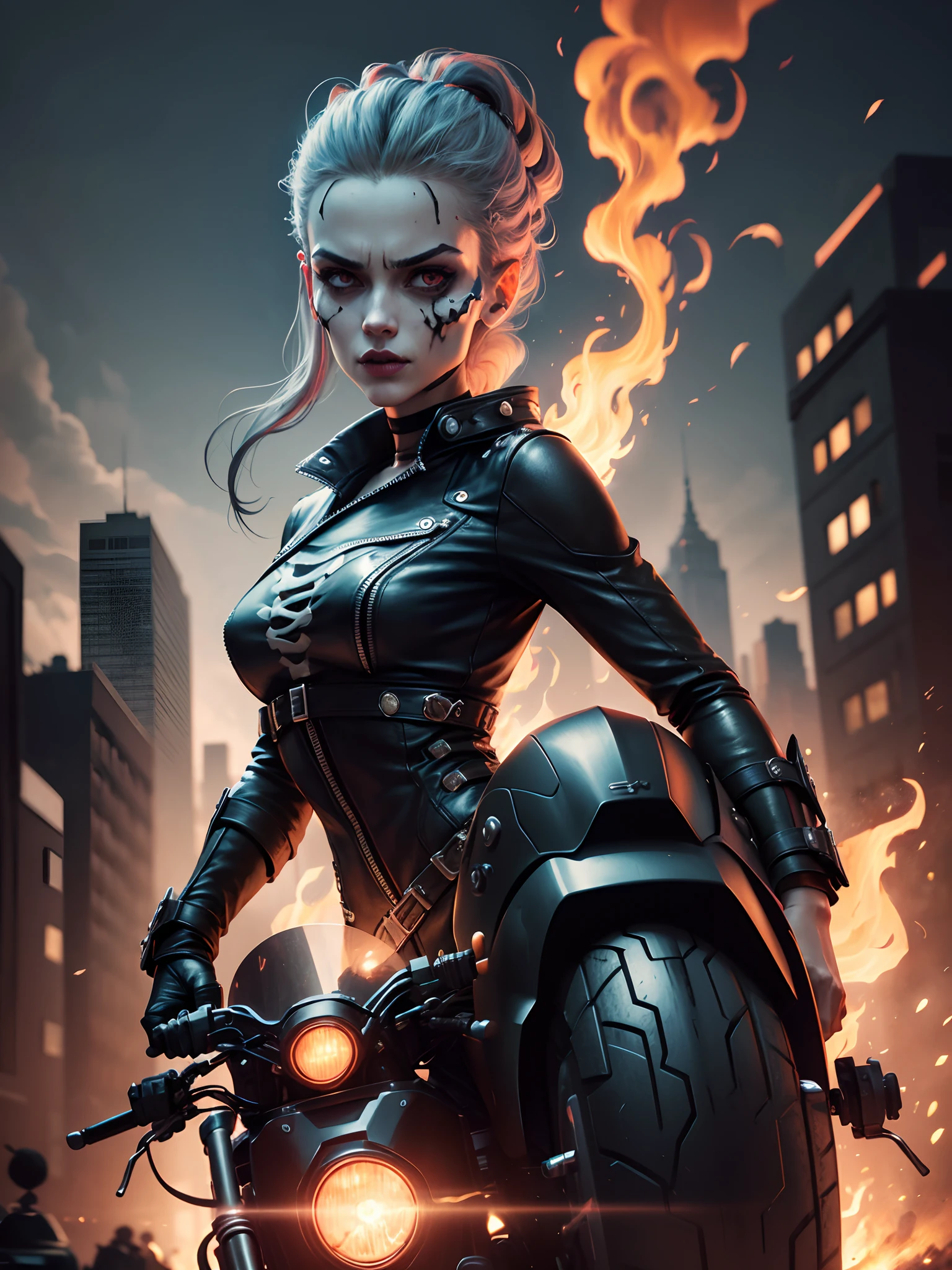 Skull woman, 25 years old, ghost photographer style, a supernatural anti-hero character in comics published by Marvel Comics, appears with a skeleton's head on fire, She drives a motorcycle that is also on fire, tight leather clothes, full body, (motorcycle on fire: 1.5 ), ((best quality)), ((Selected: 1.4)) super resolution, Cinematic lighting, (New York: 1.3), (flaming skeleton head: 1.3), ultra realistic, . ....RAW, (realism: 1.5), (Realisitc: 1.4), (Absurdity: 1.4), 8k, ultra-detailed, detailed, (One: 1.4), (viewer: 1.3), HD4