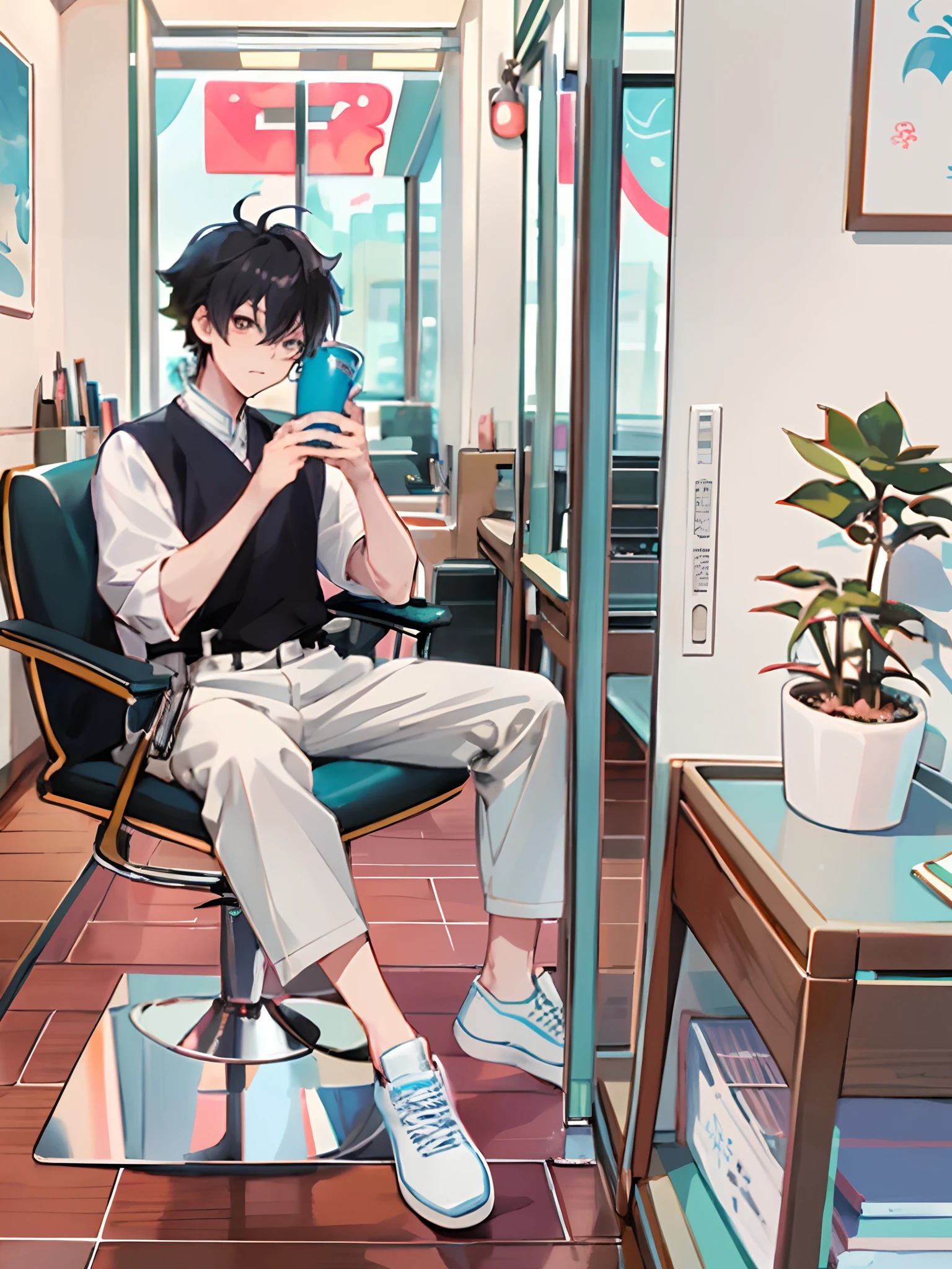 anime - style image of a boy sitting in a chair drinking a cup of coffee, anime moe artstyle, digital anime illustration, modern anime style, high quality anime artstyle, in an anime style, anime style 4 k, handsome anime pose, inspired by Okumura Masanobu, ig studios anime style, anime style only, in anime style