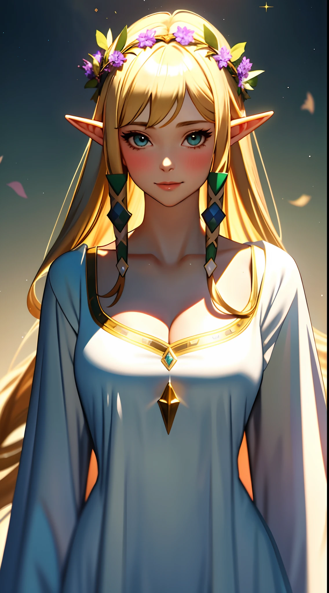 1girl,(adult,woman:1.6) Bare shoulders, Blonde hair, Blush, Breasts, circle of the crone, cleavage, Closed mouth, dress, elf, Green eyes, head wreath, medium breasts, laurel crown, Long hair, view the viewer, O-ring, O-ring top, Pointy ears, Simple background, Solo, Upper body, White background, White dress,celestine lucullus,Realistis,(Shiny skin),(Masterpiece:1.4),(Best quality:1.4),zelda