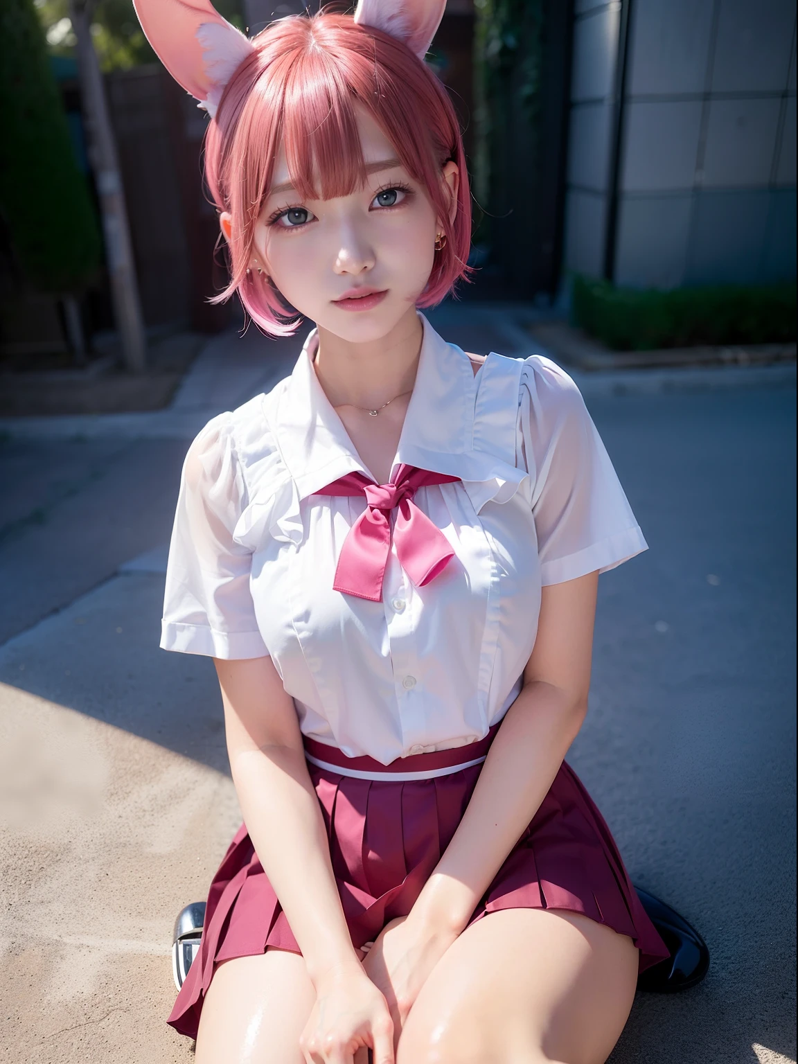 ,((a sailor suit)),((Short sleeve uniform white shirt)),(red necktie),(Blue Mini Pleated Skirt),(((skirt lift by yourself))),(lifted by self),(Showing panties),panties on,panties focus,((Sit up,spread legswide)), sockes, (Black knee socks),(Loafer shoes), 、cleavage of the breast、(8K, top-quality, masterpiece:1.2), (realisitic, Photorealsitic:1.37), ultra-detailliert, 1 girl in, Whole body esbifa layer、cute little、独奏、Beautiful detailed night sky、(A smile:1.15)、(Mouth closed)、tiny chest、Eyes in Beautiful Details、(short-hair:1.2)、Floating Hair NovaFrogStyle、masuter piece、Pink Shortcut Bob、Realistic rabbit ears、Pink realistic rabbit ears、Realistic ears of rabbits sticking out of the head、Pink hair、Beautiful girl in her 20s、Bewitching atmosphere、Beautiful shaped hands、K-POP、Pink rabbit ears、1 girl in、独奏、masterpiece、top-quality、realisitic、Hyper-detailing、(Glossy skin:1.4)、absurderes、short pink hair、Slender beauties、动态照明、hight resolution、foco nítido、depth of fields、(thick thight:1.0)、A slender :1.2,((Short-cut bob hair))、((k pop:1.3)),Highly detailed facial and skin texture、((魅惑的)),Anatomically correct number of fingers,Correct anatomy