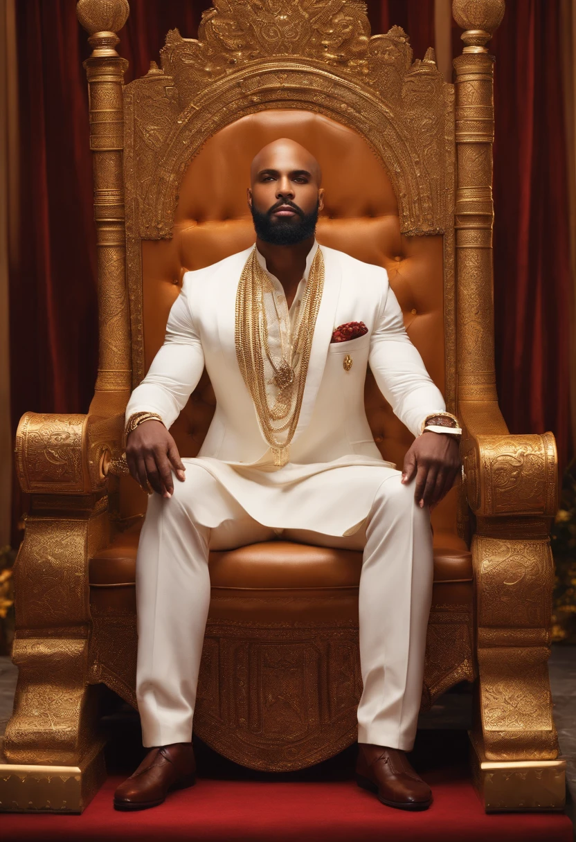 brown skinned King,physically well built, sitting on throne,crown,short beard,bald,business atire