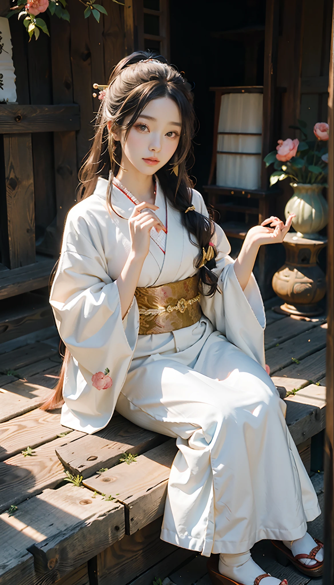 meticulous portrayal of face，1 noblewoman，(Hairpins)，(Camellia kimono)，(Long flowing colored hair)，Simple and elegant Japanese clothing，Collar，(black sock+，clogs)， s the perfect face， perfect hand， Perfect Finger， Perfect lips， perfect  eyes，Extremely normal body，Ancient Japanese town background，Perfect background