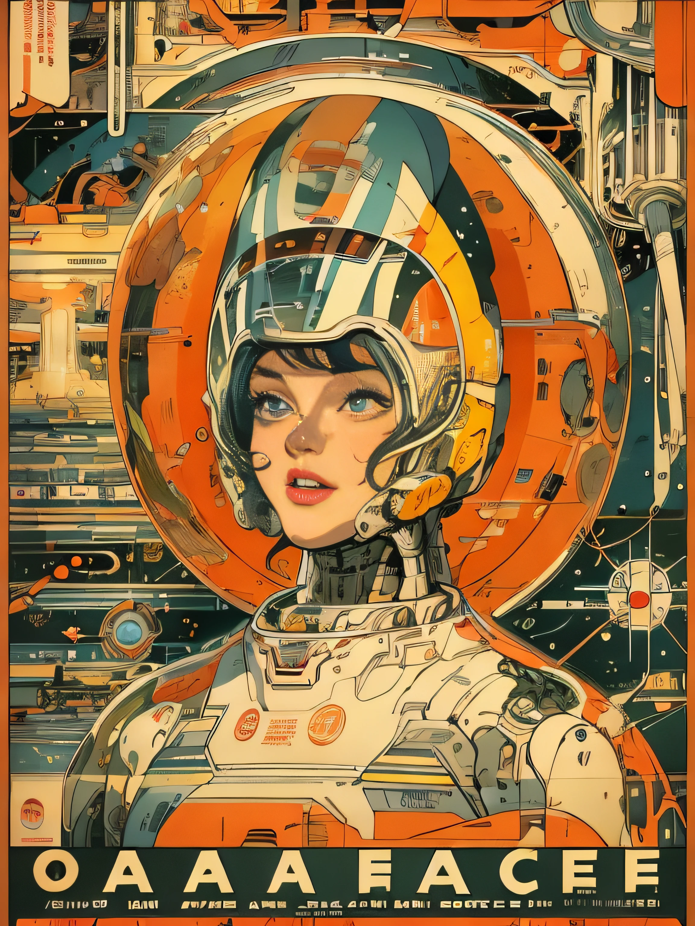 (Masterpiece, Best Quality), 8k Wallpaper, highly detailed, poster, vintage science fiction, 1960s, sexy female, robot, space thriller cinematic movie poster, Bauhaus, shapes, lines, abstract, propaganda, mid century modern, movie poster, vintage,