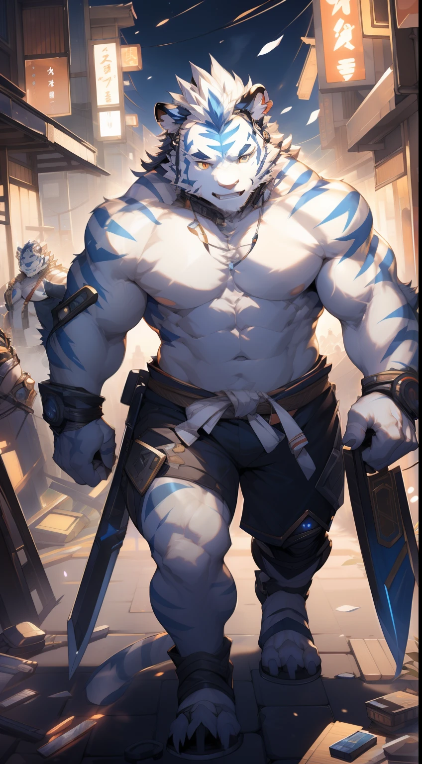 (by null-ghost, by thebigslick, By Darkgem, by Honovy), Kogenta (Onmyoji Oyamaji Temple), high-definition photograph, Perfect anatomy, Anthropomorphic white tiger, male people, 20yr old, Thick eyebrows, Light blue stripes, Strong body, large pecs, (Fully naked body:1.4), mechanical leg, Battery powered, which stands on the street, one arm raised, Bluetooth headset, Mysterious Expression, Golden pupils, Look up at the audience, Clear facial features, Strong, Solo, top views, Full body photo, street Tokyo, Noisy environment, neonlight, Decadent architecture, cyber punk perssonage, Waste soil style,