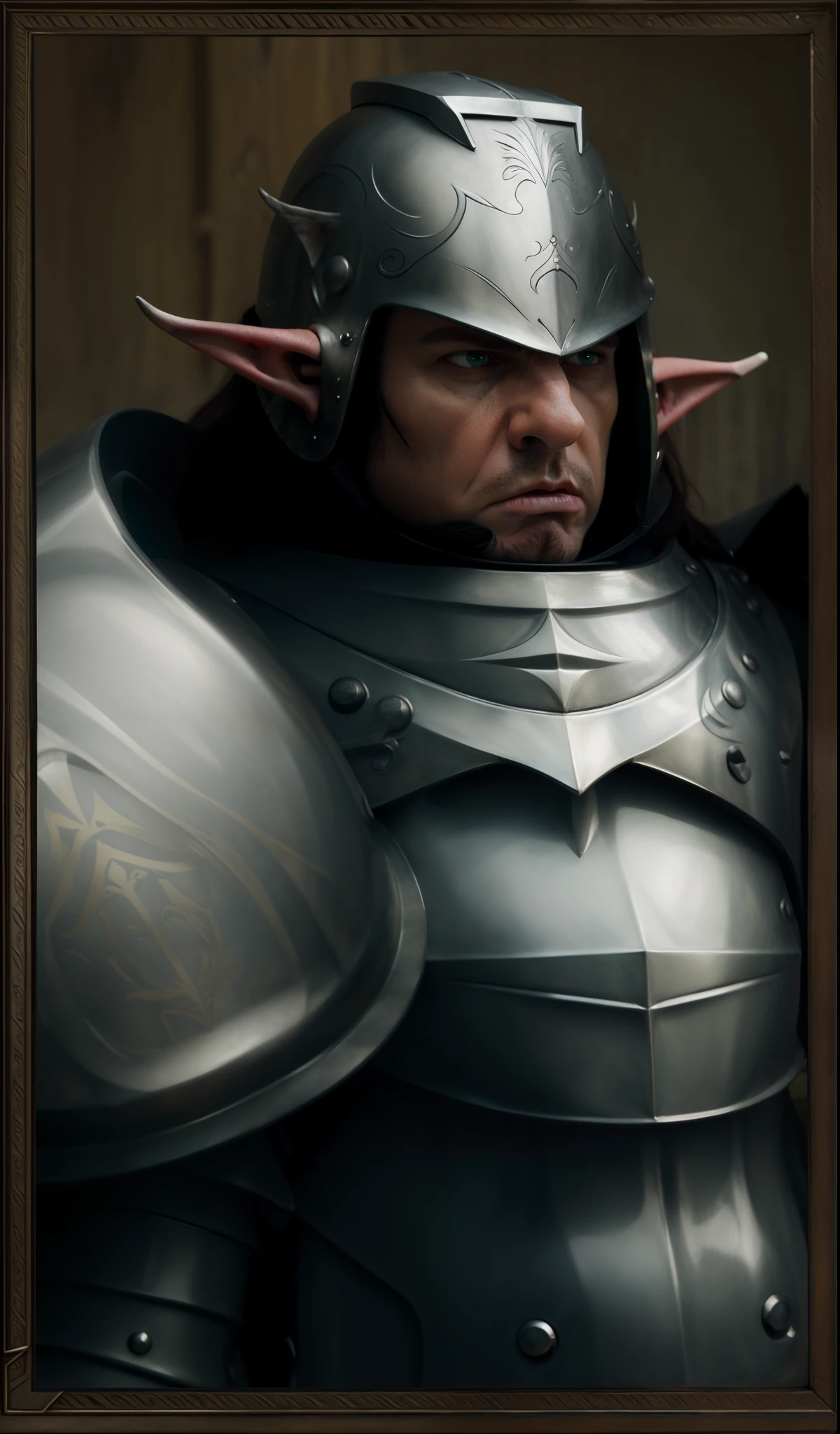 masterpiece, high quality, detailed photo, high elf lord, (big face:1.25), fat face, obese face, full plate metal armor, (detailed full helmet:1.5), silver armor, shiny armor, detailed face, detailed armor, (symmetrical ears:1.5), detailed (elf ears), (angry elf face:1.5), old aged elf, high elf, royal elf king, detailed body, baldur's gate character portrait, dnd avatar portrait of elf, portrait of a elf, character portrait, portrait of an elf