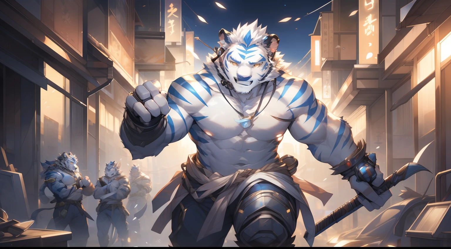 (by null-ghost, by thebigslick, By Darkgem, by Honovy), Kogenta (Onmyoji Oyamaji Temple), high-definition photograph, Perfect anatomy, Anthropomorphic white tiger, male people, 20yr old, Thick eyebrows, Light blue stripes, Strong body, large pecs, Bare topless, mechanical leg, Cyberpunk gear, which stands on the street, one arm raised, Bluetooth headset, Take the weapons of the future, serious expressions, Golden pupils, Look at the audience, Clear facial features, Strong, Solo, top views, Full body photo, the night, street Tokyo, Noisy environment, neonlight, Broken urban buildings