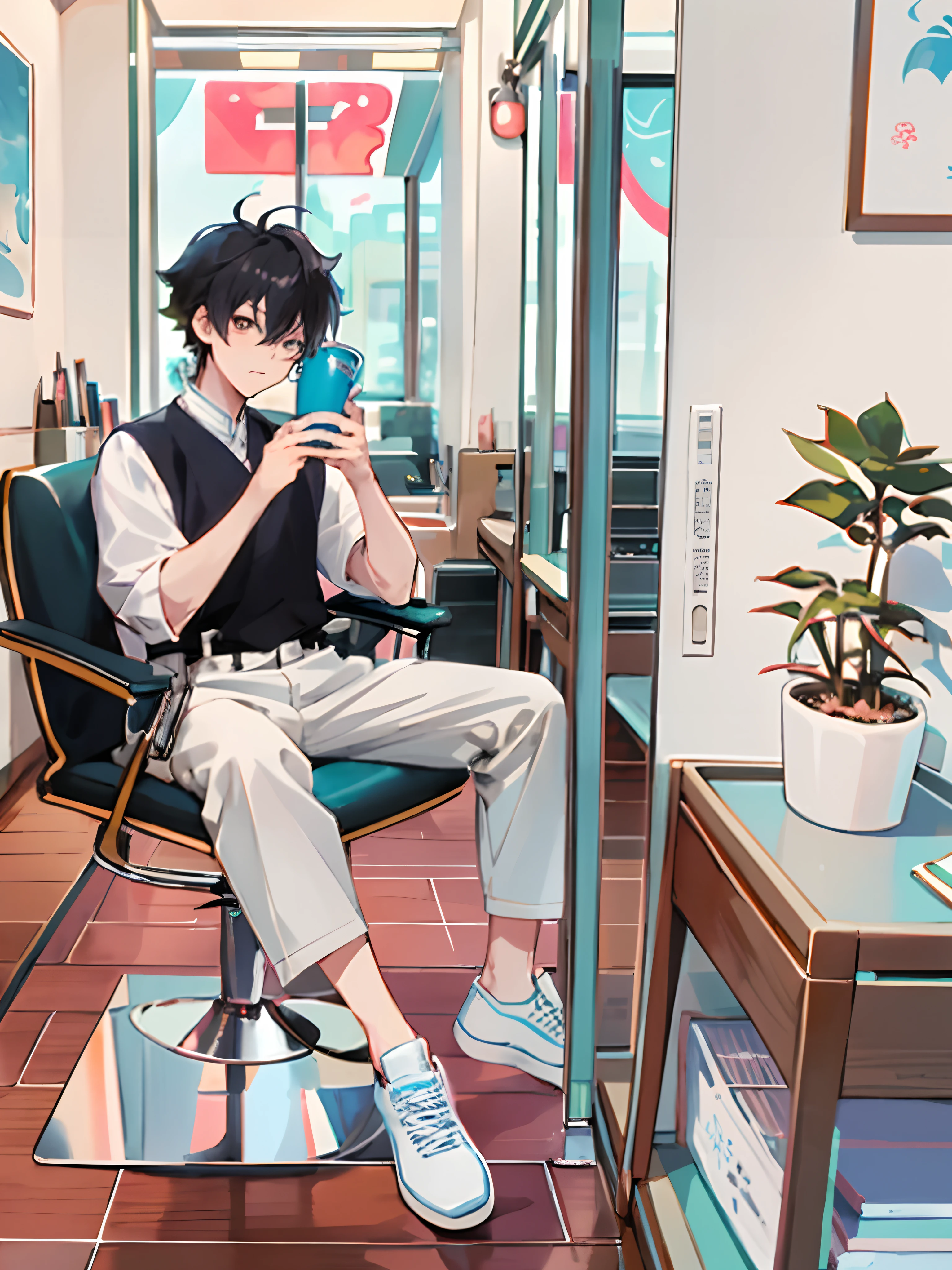 anime - style image of a boy sitting in a chair drinking a cup of coffee, anime moe artstyle, digital anime illustration, modern anime style, high quality anime artstyle, in an anime style, anime style 4 k, handsome anime pose, inspired by Okumura Masanobu, ig studios anime style, anime style only, in anime style